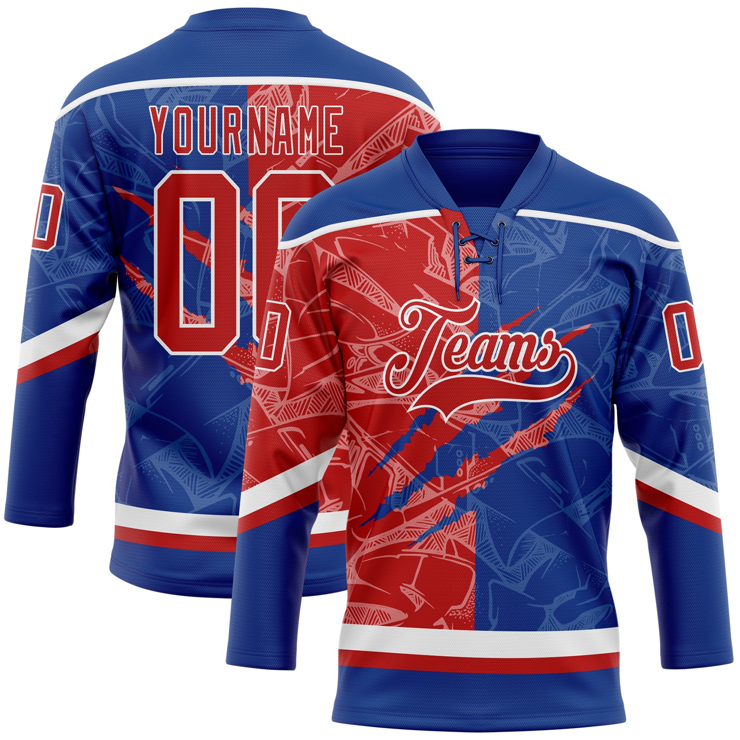FansIdea Custom Royal Red-White 3D Pattern Gradient Fashion Scratch Hockey Lace Neck Jersey - $29.99 at Proof Eyewear