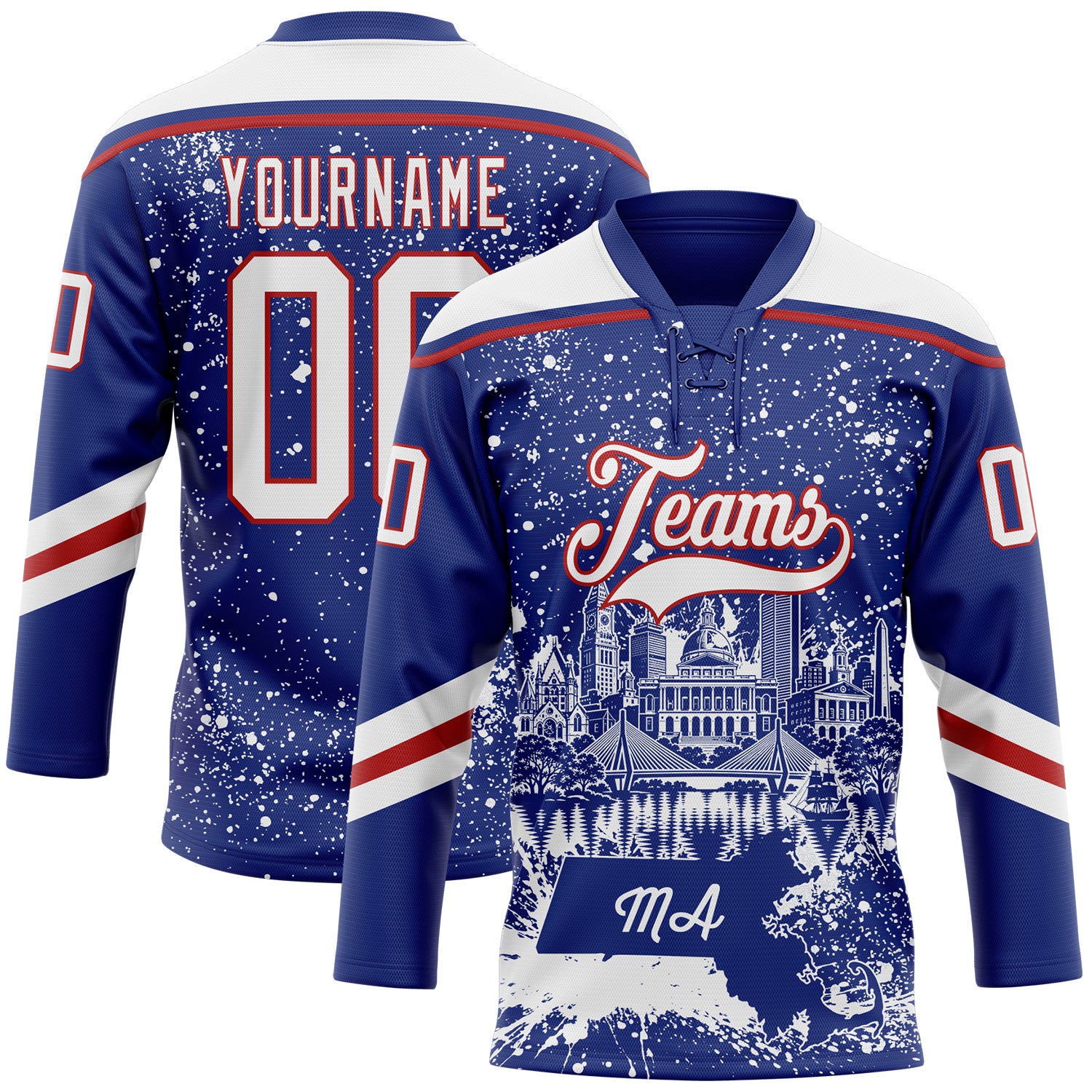 FansIdea Custom Royal White-Red Boston MA City Skyline State Pride Paint Splatter Lace Neck Hockey Jersey - $29.99 at Proof Eyewear
