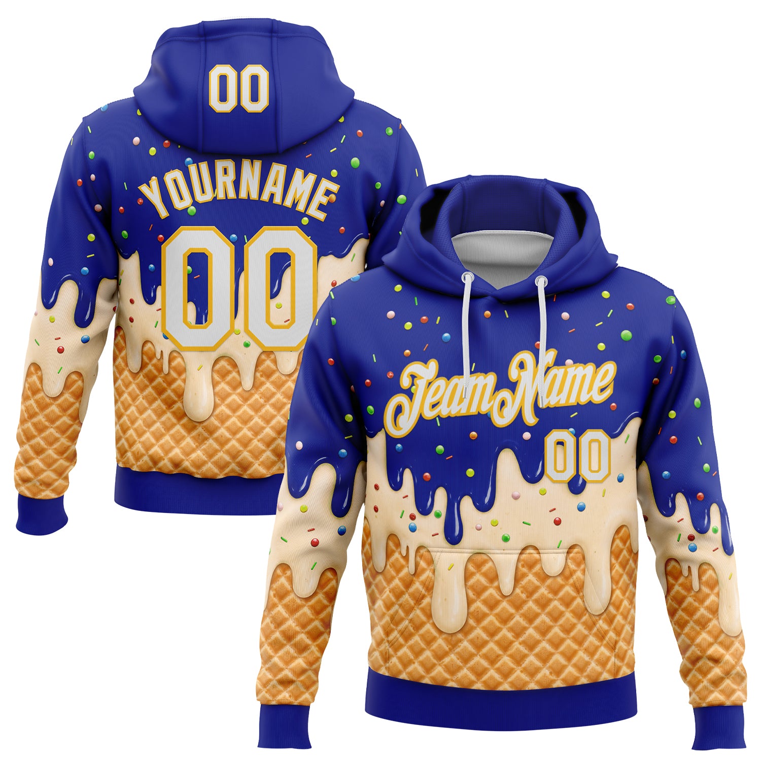 FansIdea Custom Stitched Royal White-Gold Ice Cream Waffle Foodie Dessert Pullover Sweatshirt Hoodie - $32.99 at Proof Eyewear