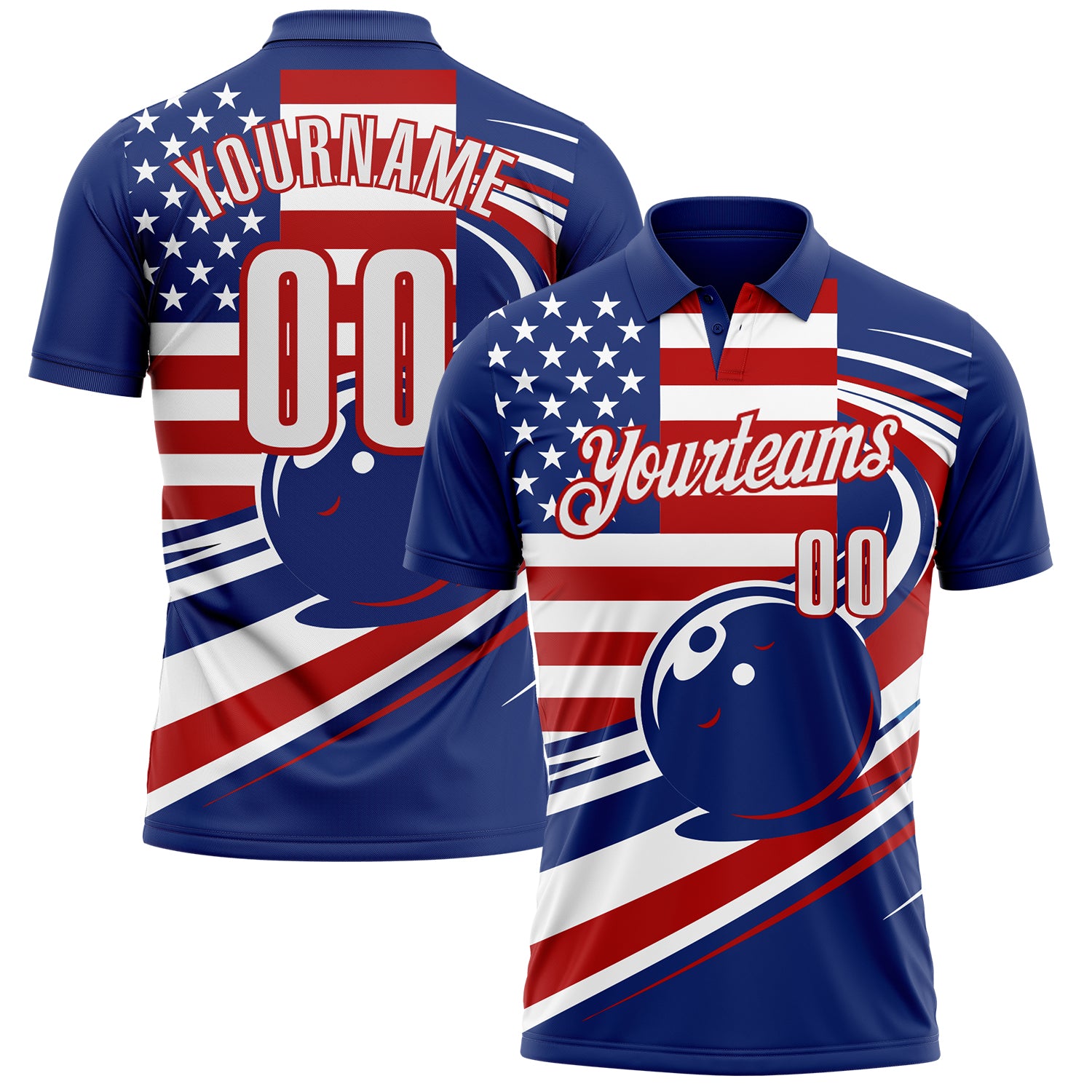 FansIdea Custom Royal White-Red Patriotic American Flag Bowling Ball Performance Polo Shirt - $19.99 at Proof Eyewear