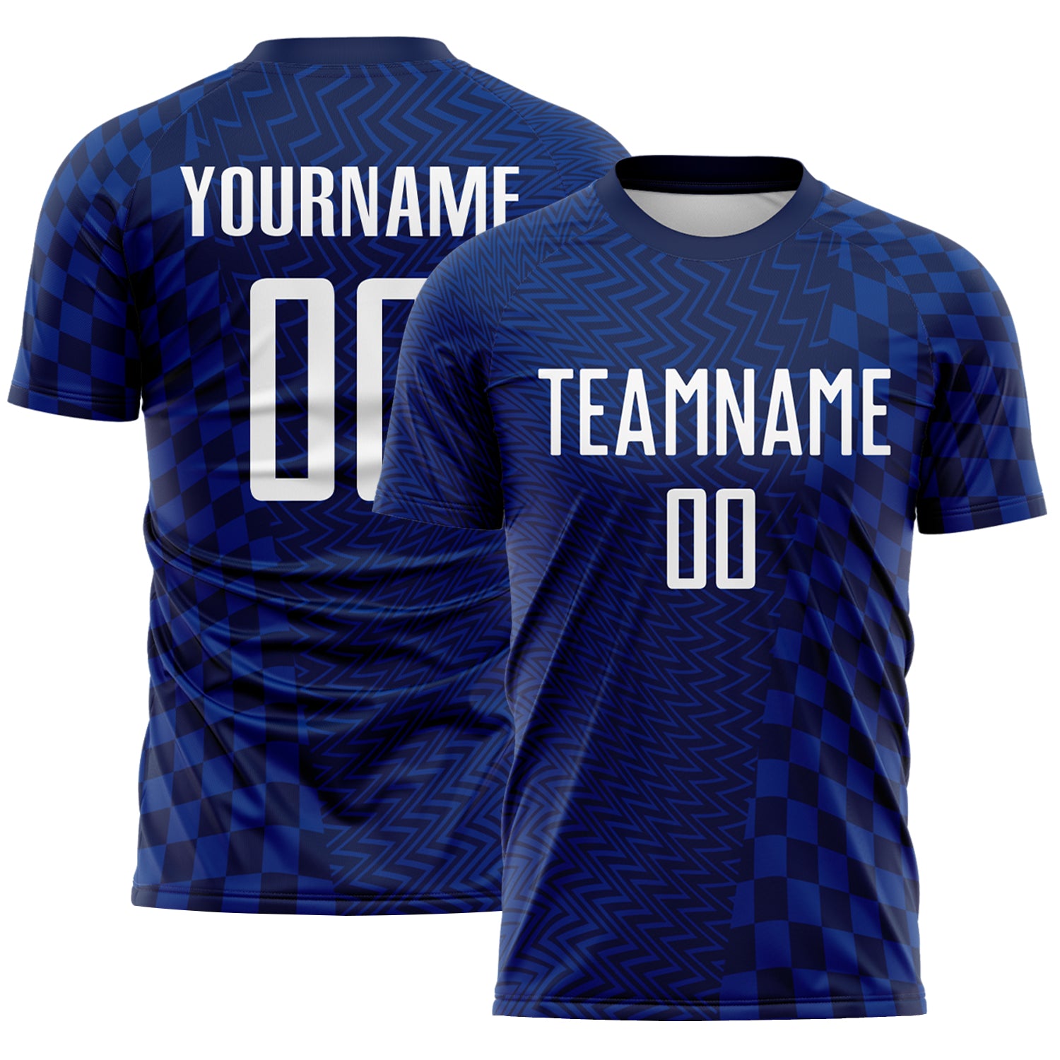FansIdea Custom Royal White-Navy Geometric Patchwork Asymmetry Checkered Zigzag Lines Sublimation Soccer Uniform Jersey - $16.99 at Proof Eyewear