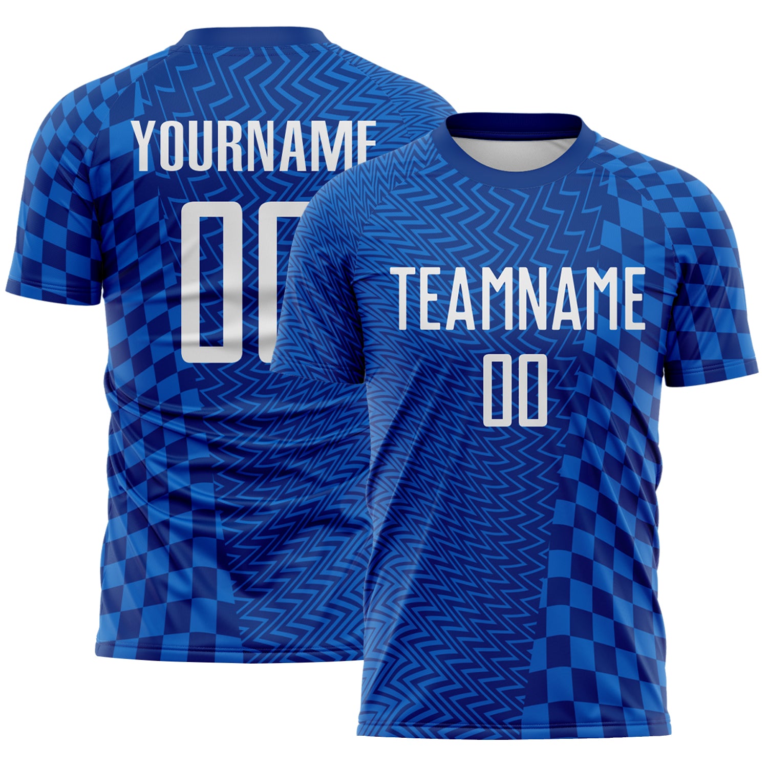 FansIdea Custom Royal-White Geometric Patchwork Asymmetry Checkered Zigzag Lines Sublimation Soccer Uniform Jersey - $16.99 at Proof Eyewear