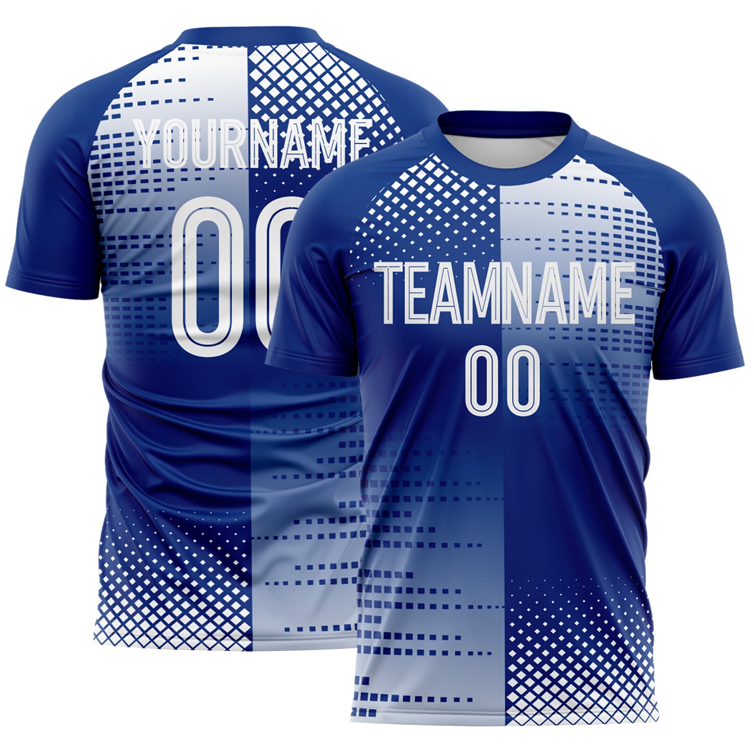 FansIdea Custom Royal-White Split Geometric Grid England Style Sublimation Soccer Uniform Jersey - $16.99 at Proof Eyewear