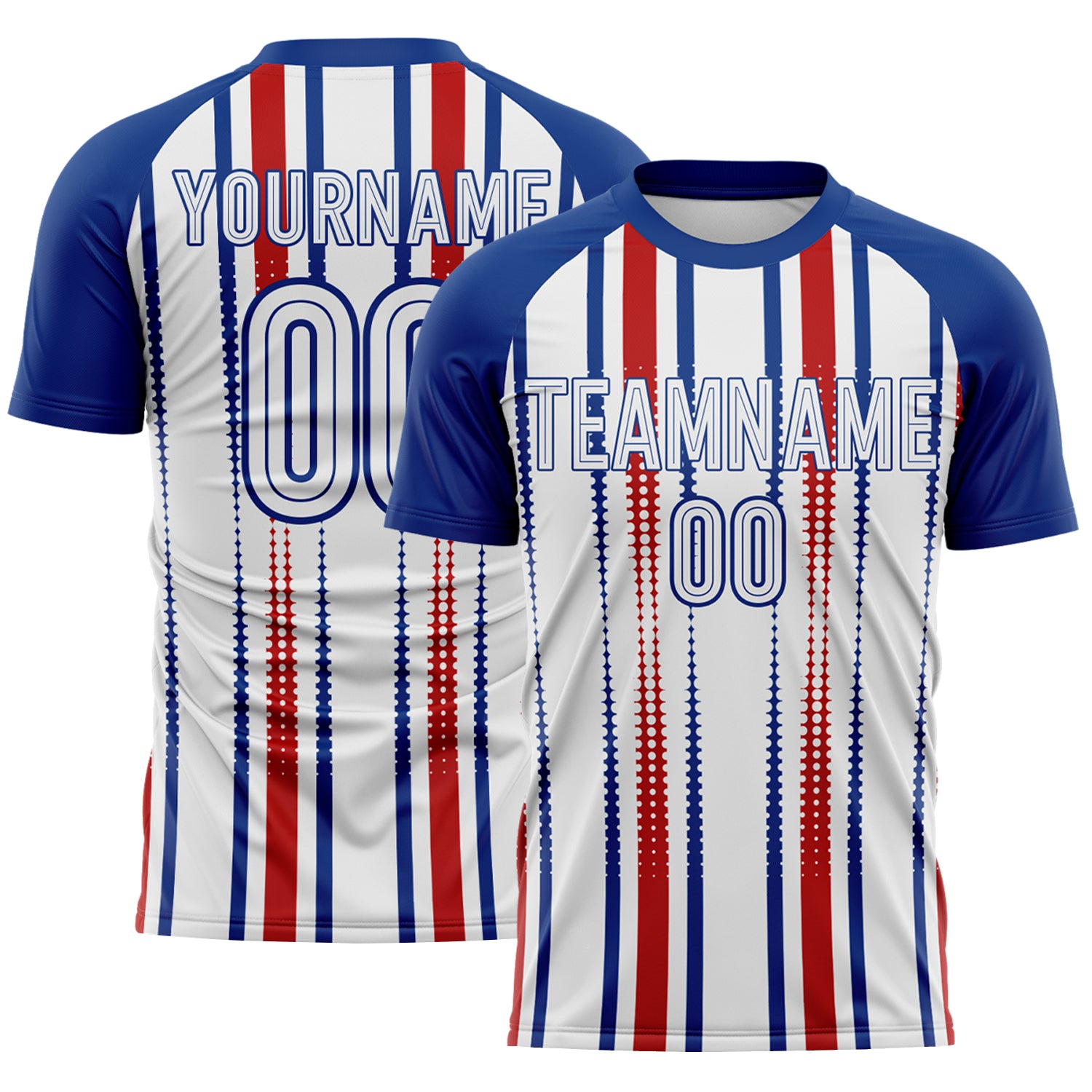 FansIdea Custom Royal White-Red Vertical Stripe England Style Sublimation Soccer Uniform Jersey - $16.99 at Proof Eyewear