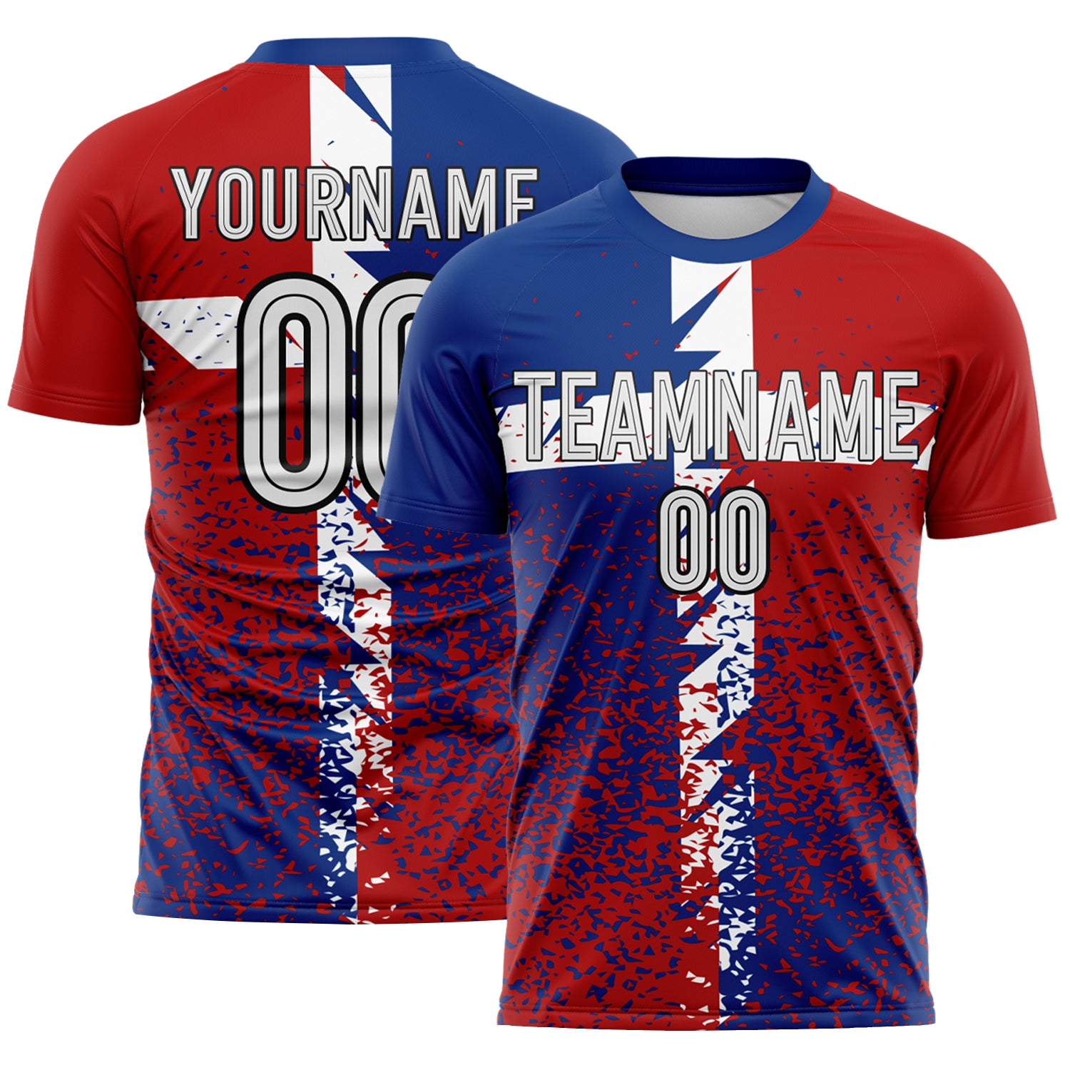 FansIdea Custom Royal White Red-Black Distressed Splatter England Style Sublimation Soccer Uniform Jersey - $16.99 at Proof Eyewear
