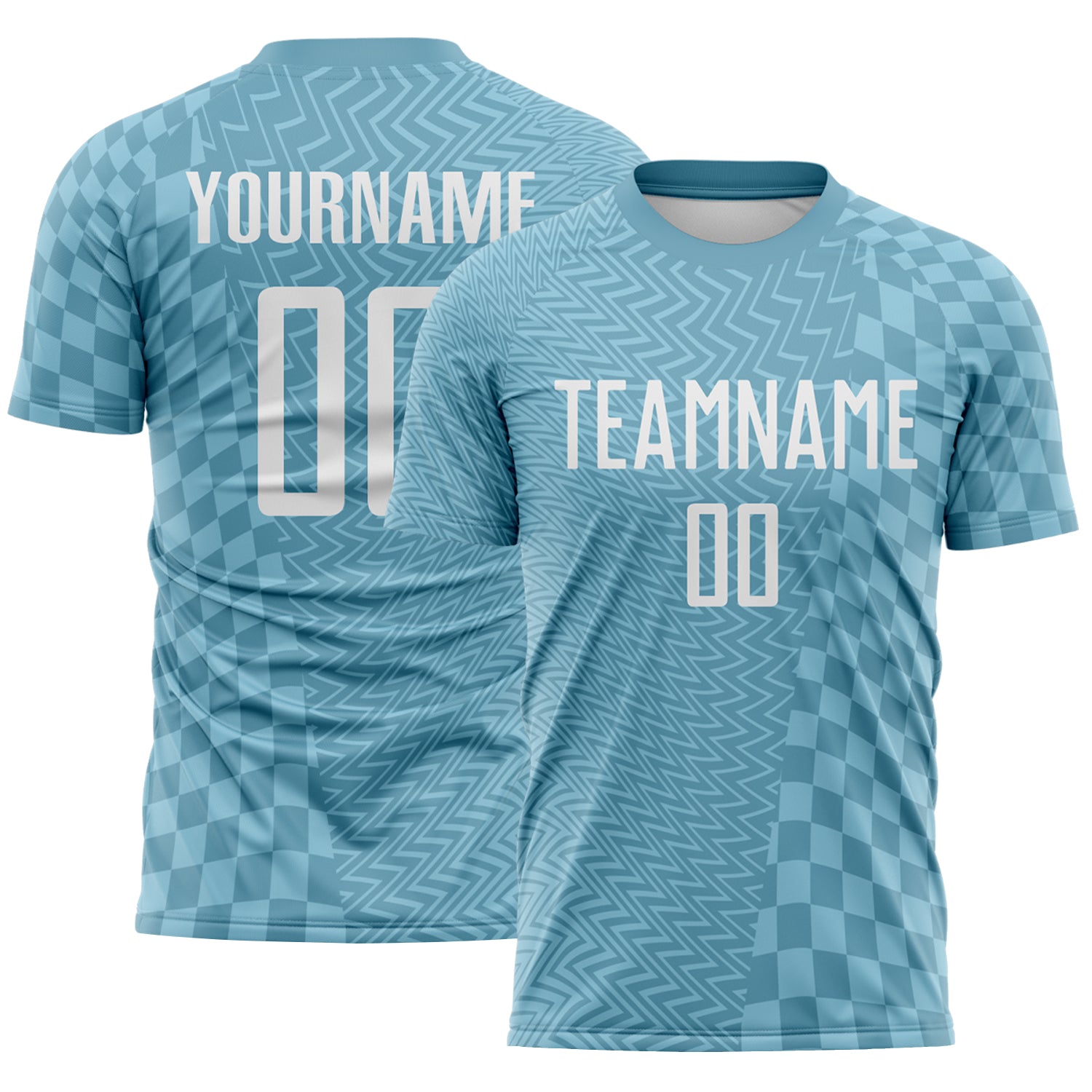 FansIdea Custom Shadow Blue-White Geometric Patchwork Asymmetry Checkered Zigzag Lines Sublimation Soccer Uniform Jersey - $16.99 at Proof Eyewear