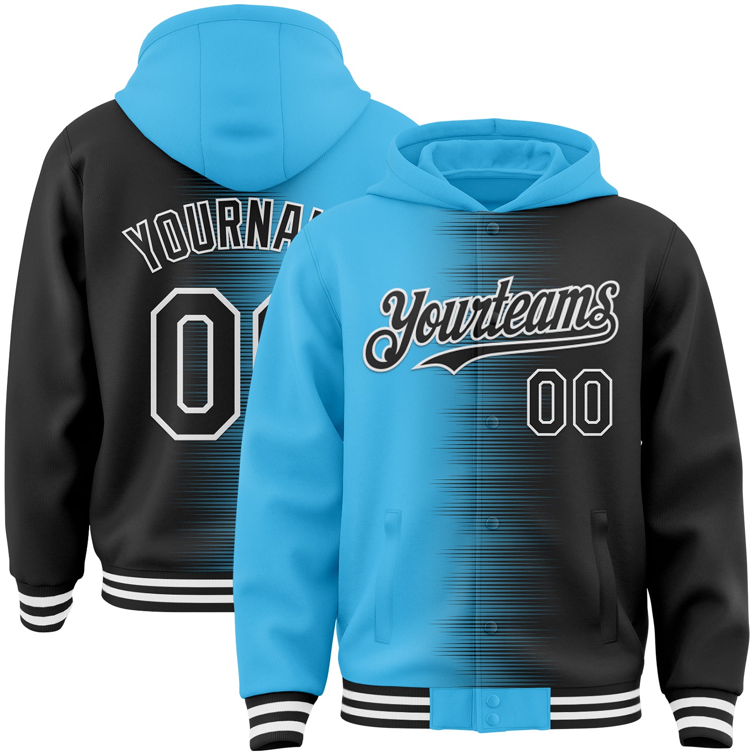 FansIdea Custom Sky Blue Black-White Gradient Line Bomber Full-Snap Varsity Letterman Hoodie Jacket - $38.99 at Proof Eyewear