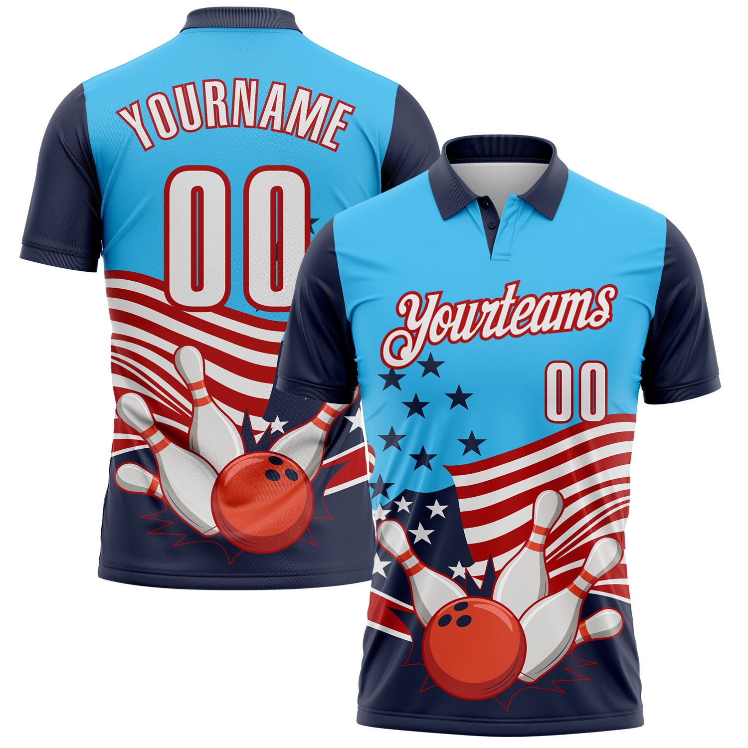 FansIdea Custom Sky Blue White Navy-Red Patriotic American Flag Bowling Ball And Pins Strike Performance Polo Shirt - $19.99 at Proof Eyewear