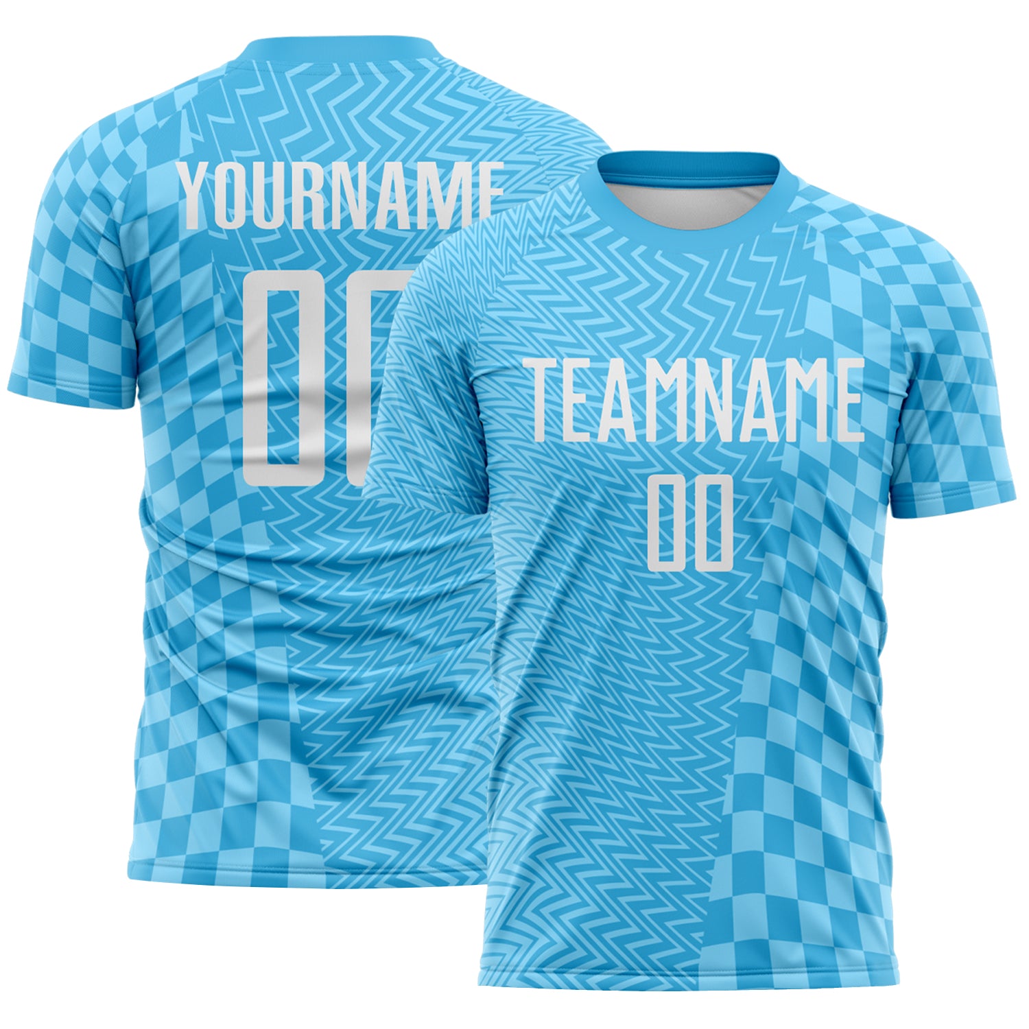 FansIdea Custom Sky Blue-White Geometric Patchwork Asymmetry Checkered Zigzag Lines Sublimation Soccer Uniform Jersey - $16.99 at Proof Eyewear