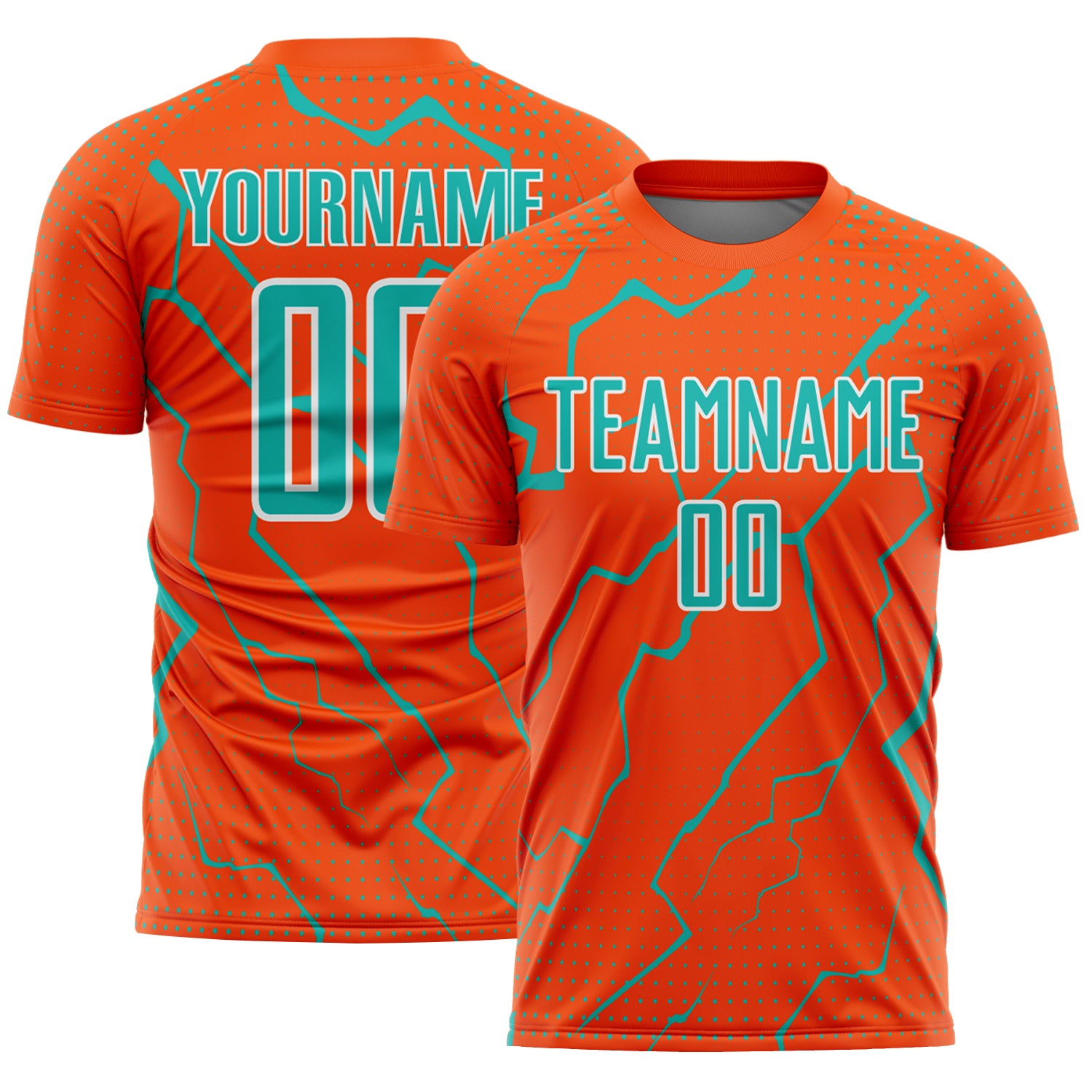 FansIdea Custom Orange Aqua-White Lightning Sports Sublimation Soccer Uniform Jersey - $16.99 at Proof Eyewear