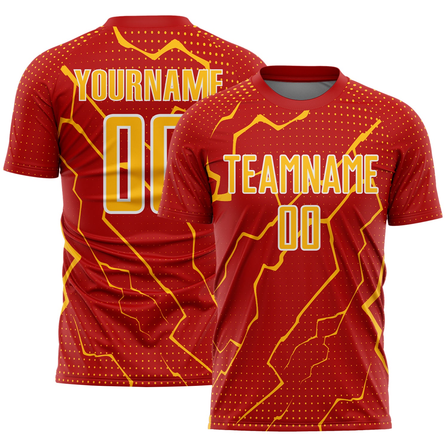 FansIdea Custom Red Gold-White Lightning Sports Sublimation Soccer Uniform Jersey - $16.99 at Proof Eyewear