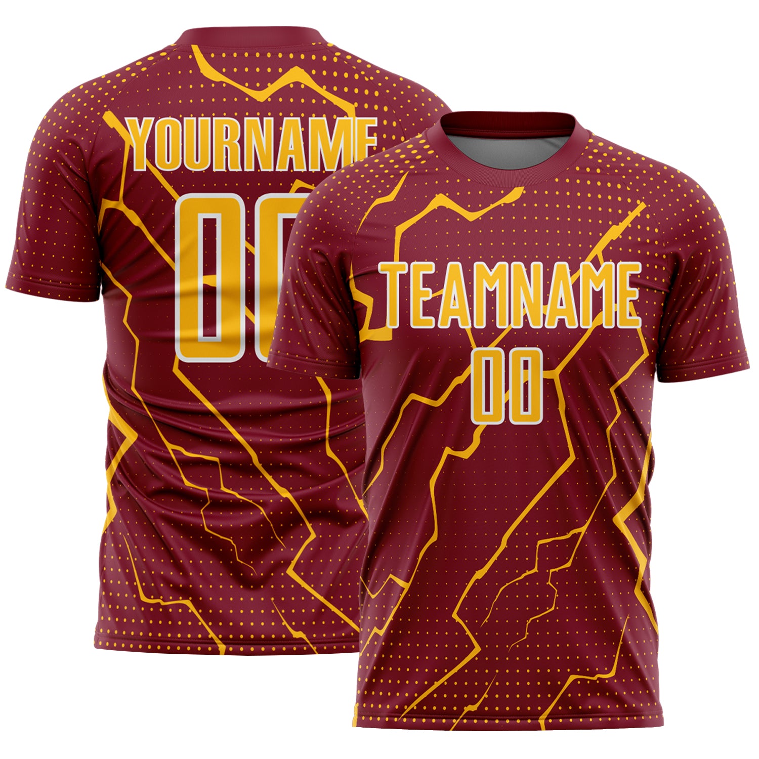 FansIdea Custom Crimson Gold-White Lightning Sports Sublimation Soccer Uniform Jersey - $16.99 at Proof Eyewear