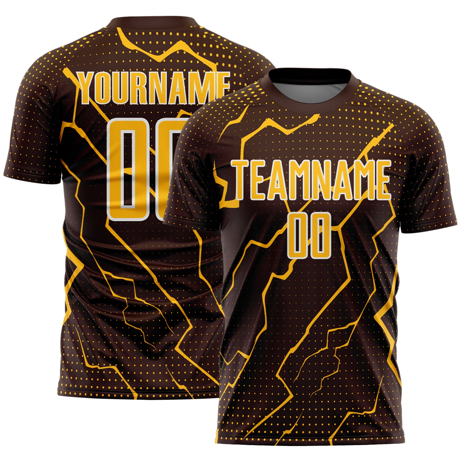 FansIdea Custom Brown Gold-White Lightning Sports Sublimation Soccer Uniform Jersey - $16.99 at Proof Eyewear