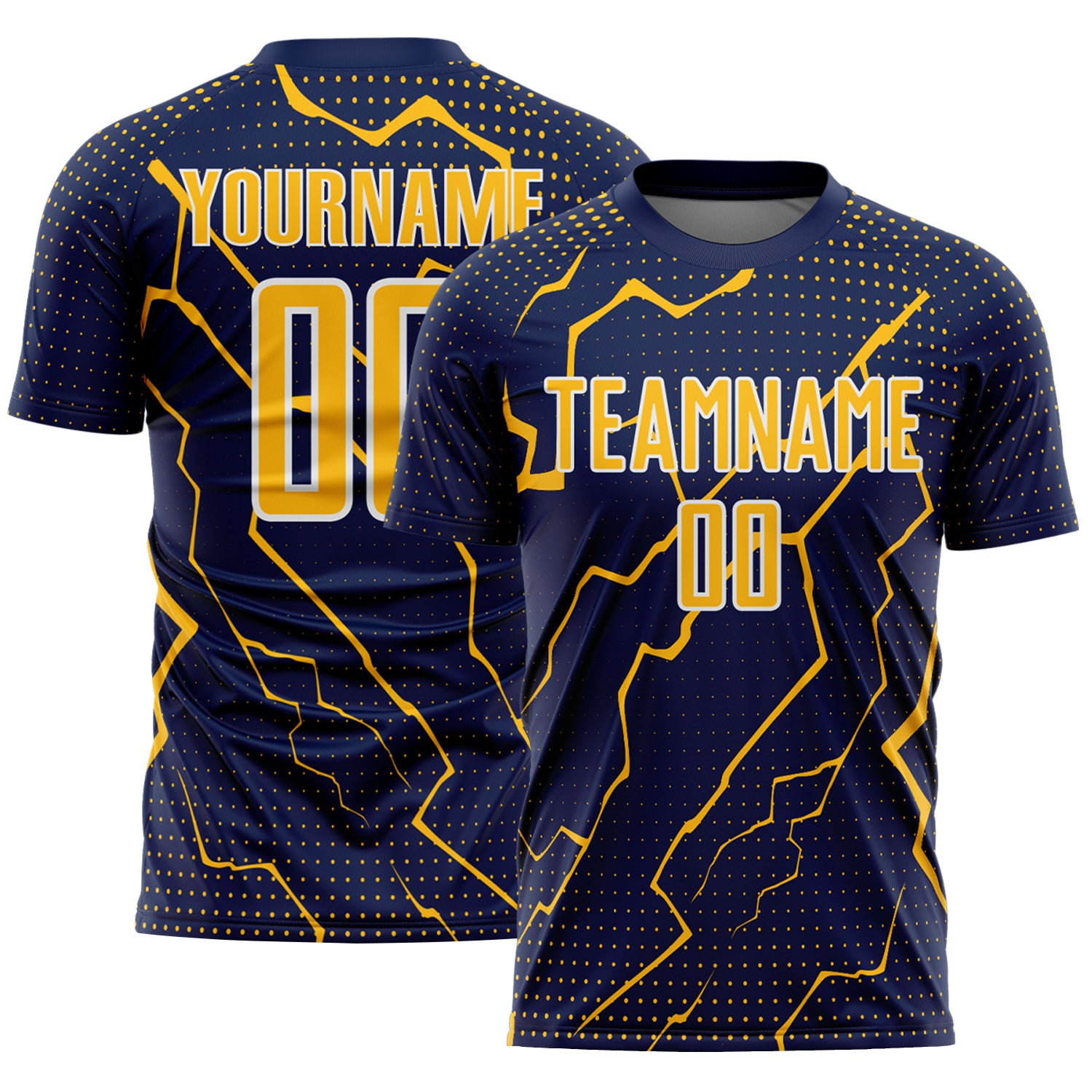 FansIdea Custom Navy Gold-White Lightning Sports Sublimation Soccer Uniform Jersey - $16.99 at Proof Eyewear