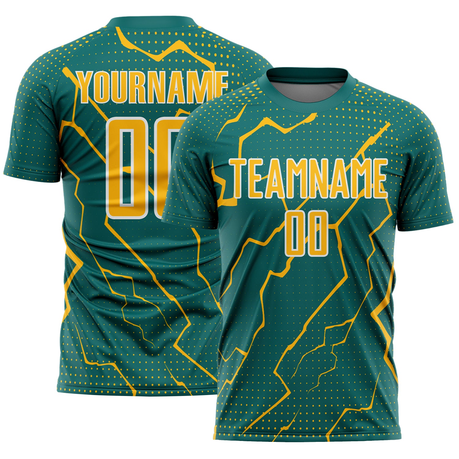 FansIdea Custom Teal Gold-White Lightning Sports Sublimation Soccer Uniform Jersey - $16.99 at Proof Eyewear