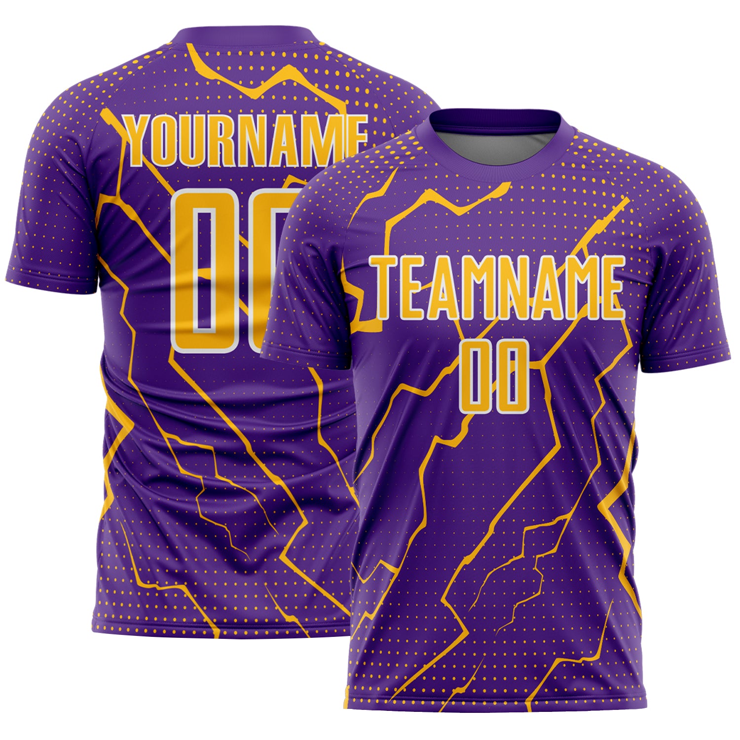 FansIdea Custom Purple Gold-White Lightning Sports Sublimation Soccer Uniform Jersey - $16.99 at Proof Eyewear