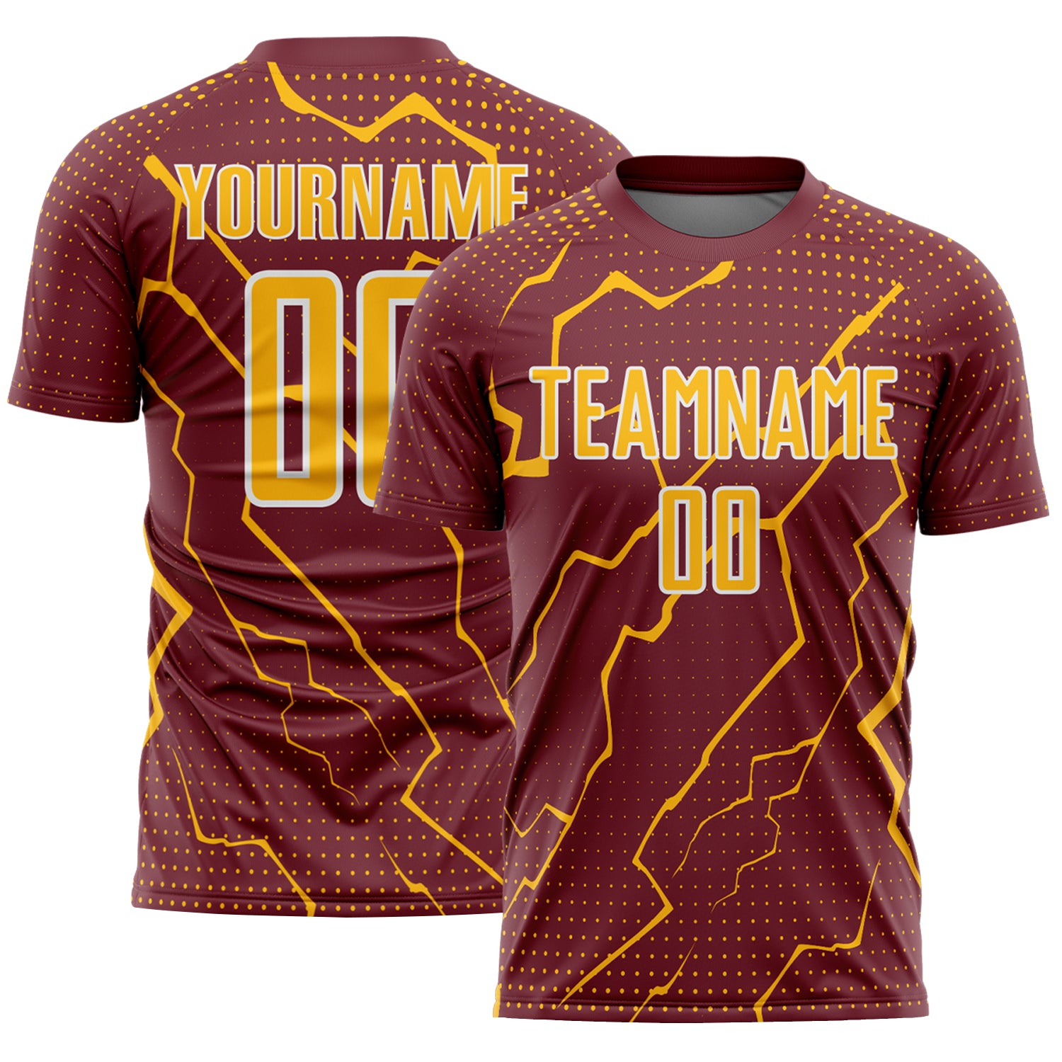FansIdea Custom Burgundy Gold-White Lightning Sports Sublimation Soccer Uniform Jersey - $16.99 at Proof Eyewear