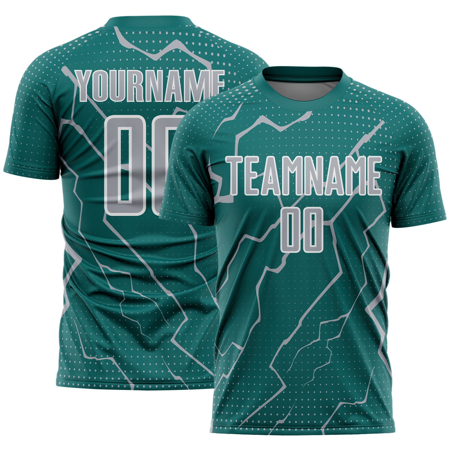 FansIdea Custom Teal Gray-White Lightning Sports Sublimation Soccer Uniform Jersey - $16.99 at Proof Eyewear