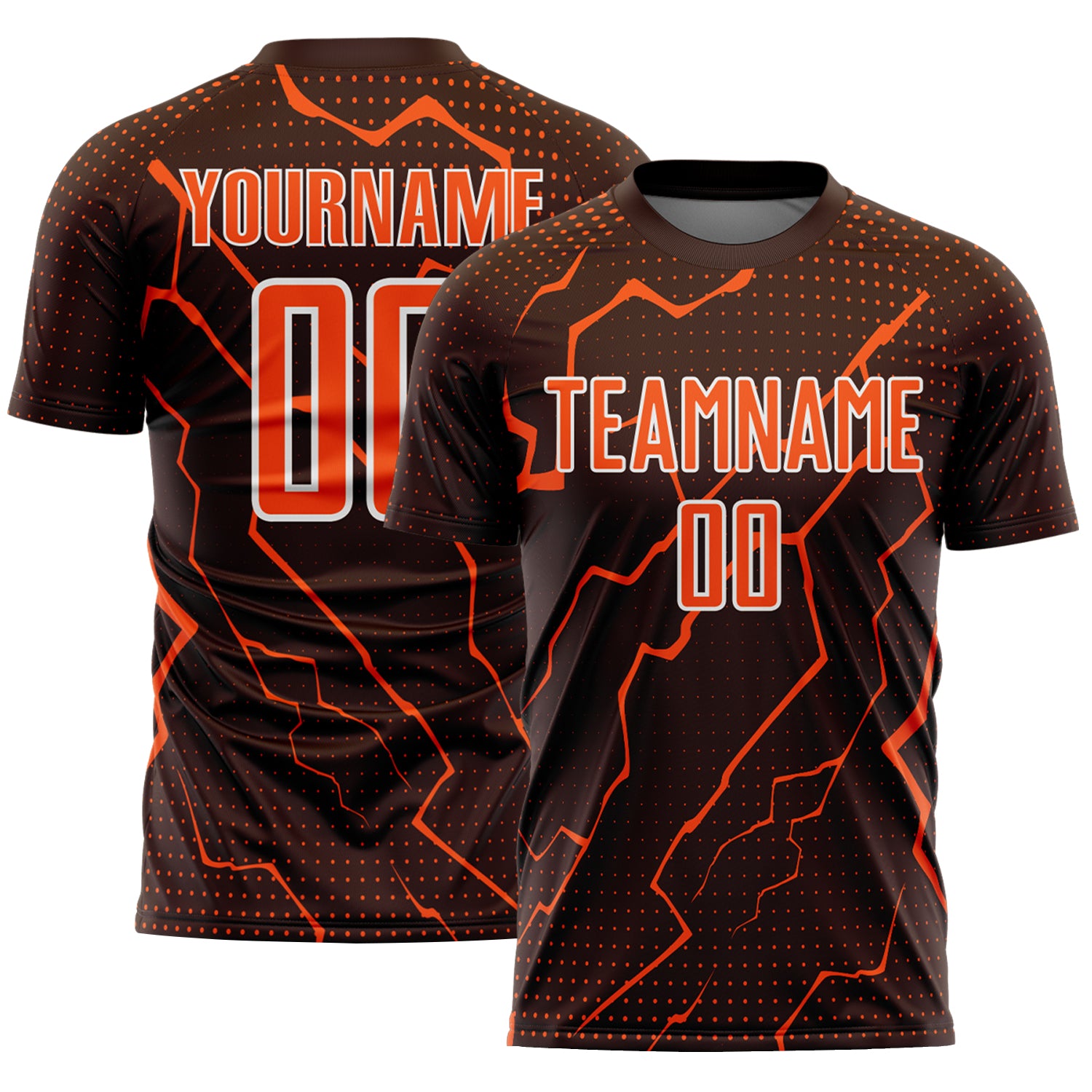 FansIdea Custom Brown Orange-White Lightning Sports Sublimation Soccer Uniform Jersey - $16.99 at Proof Eyewear