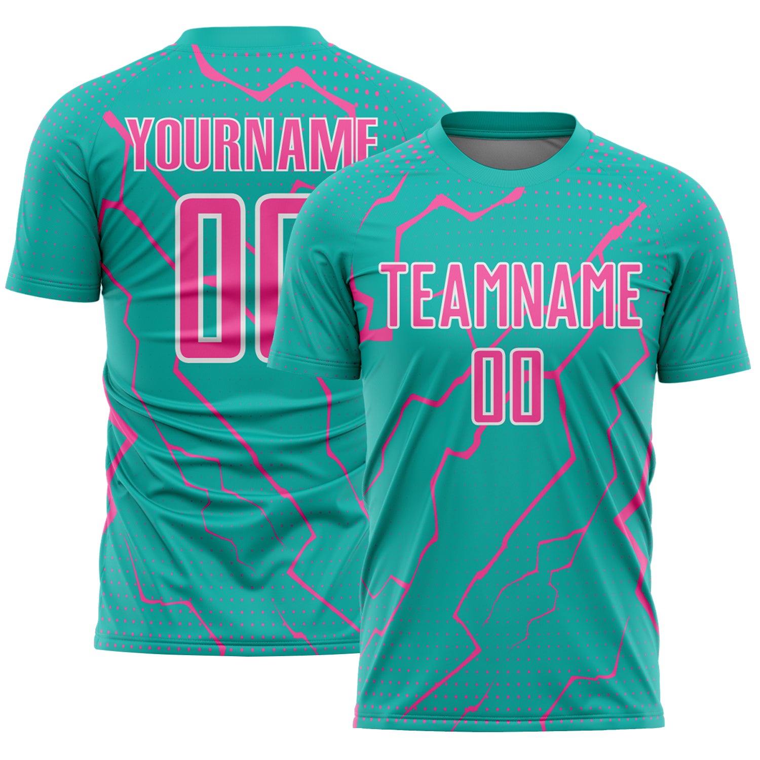 FansIdea Custom Aqua Pink-White Lightning Sports Sublimation Soccer Uniform Jersey - $16.99 at Proof Eyewear