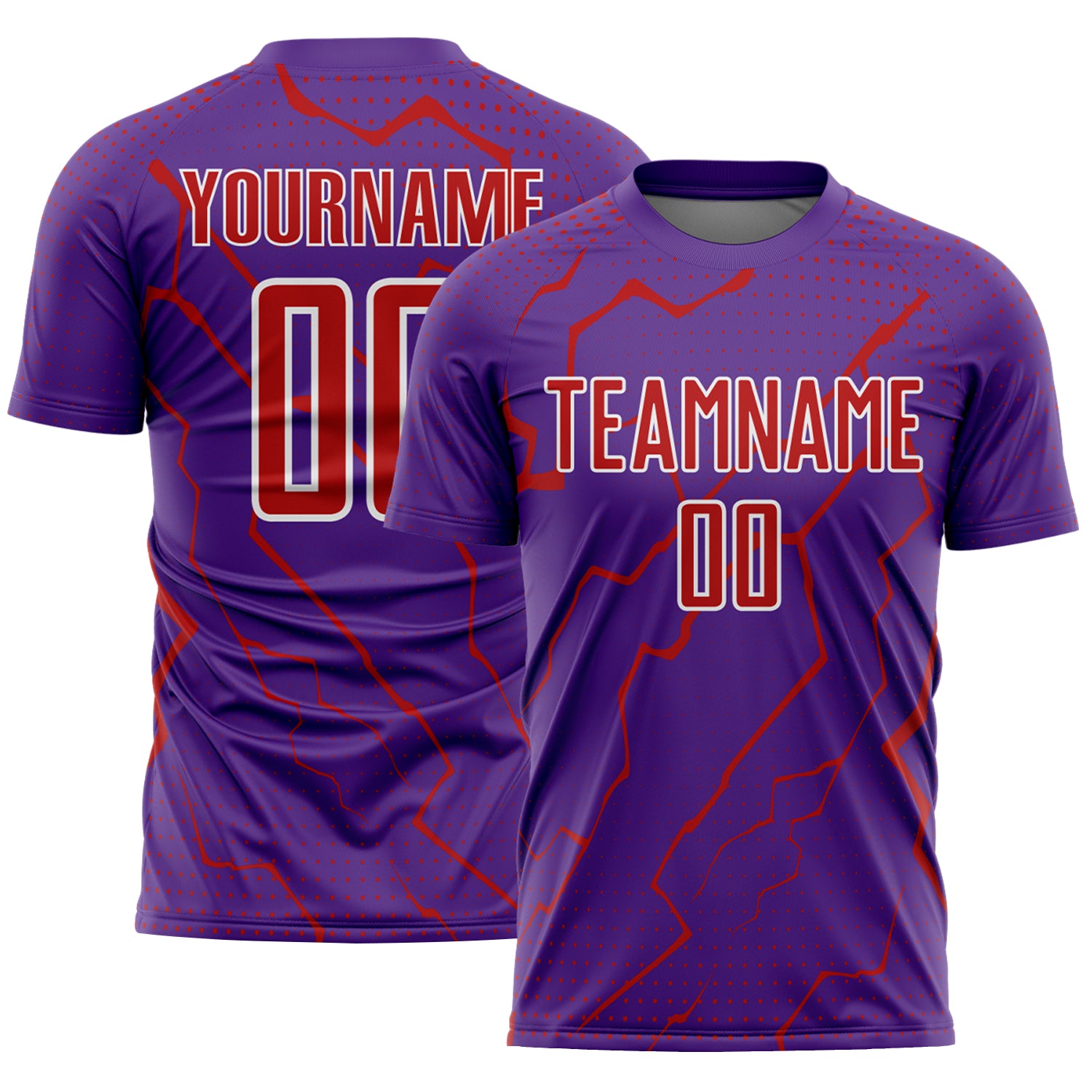 FansIdea Custom Purple Red-White Lightning Sports Sublimation Soccer Uniform Jersey - $16.99 at Proof Eyewear