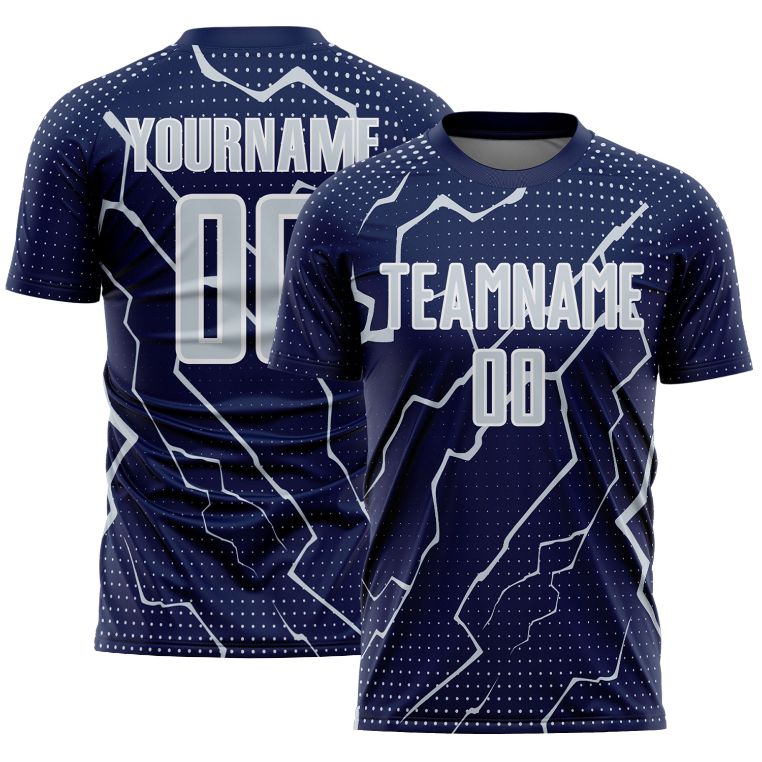 FansIdea Custom Navy Silver-White Lightning Sports Sublimation Soccer Uniform Jersey - $16.99 at Proof Eyewear
