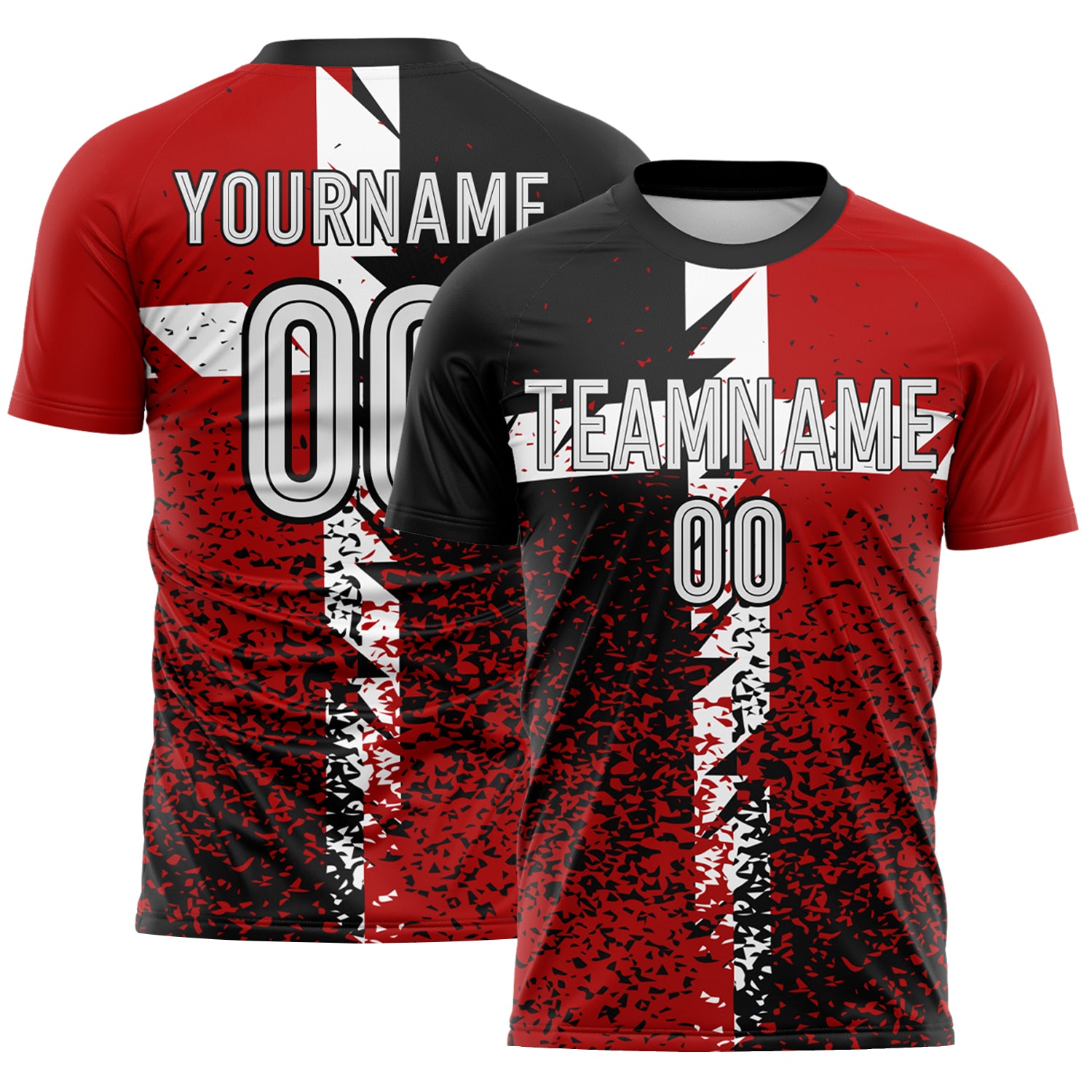 FansIdea Custom Black White-Red Distressed Splatter Sublimation Soccer Uniform Jersey - $16.99 at Proof Eyewear