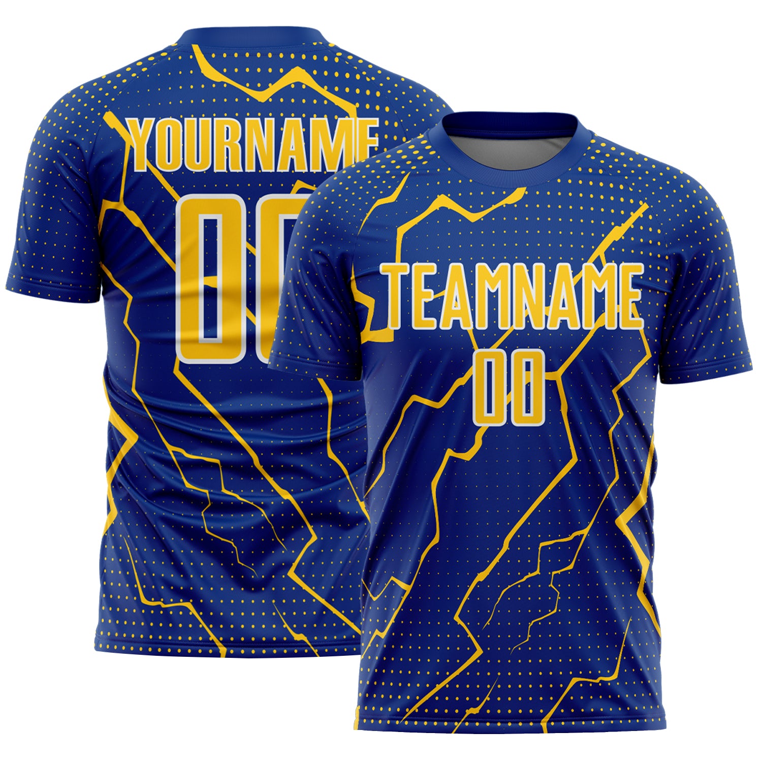 FansIdea Custom Royal Yellow-White Lightning Sports Sublimation Soccer Uniform Jersey - $16.99 at Proof Eyewear