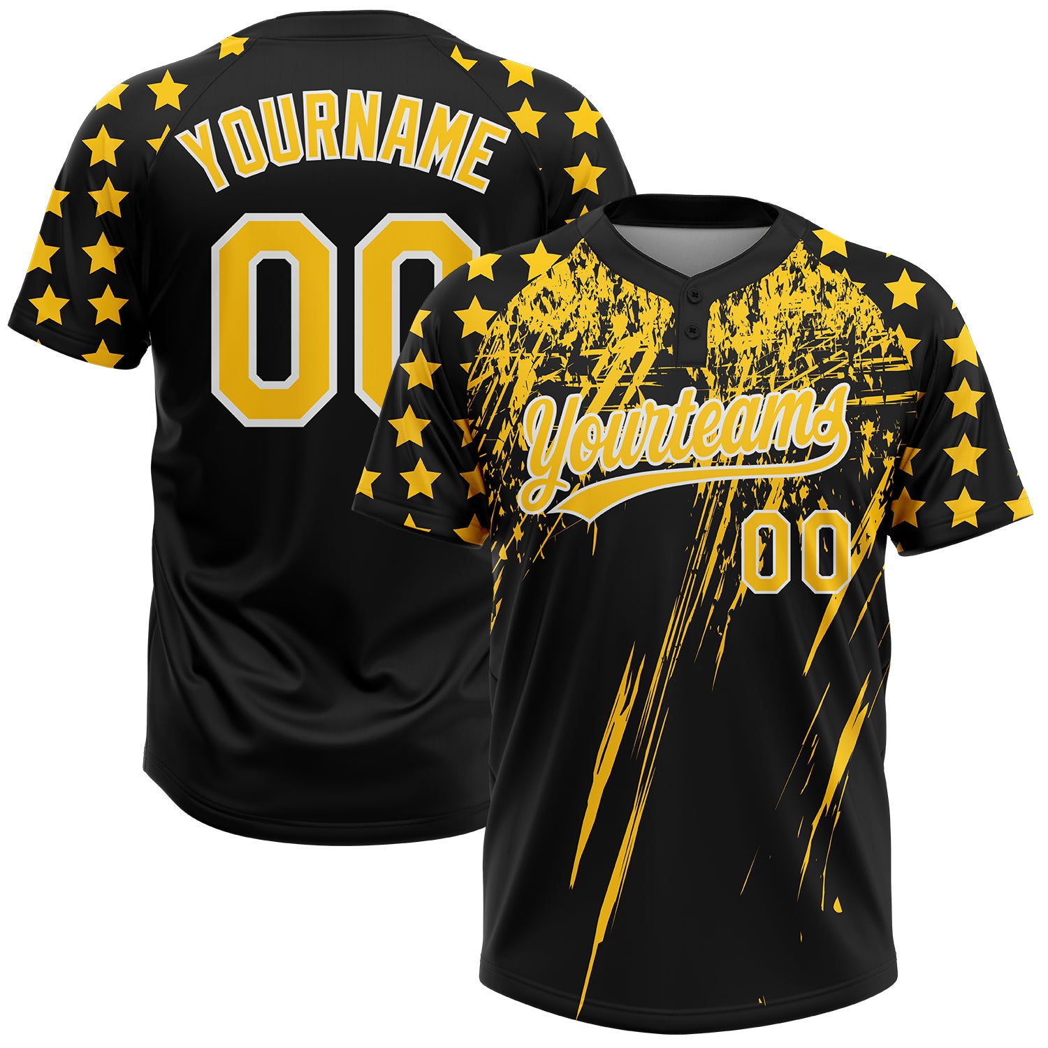 Custom Black Yellow-White Distressed Scratch Brush Stroke Star Raglan Sleeves Two-Button Unisex Softball Jersey
