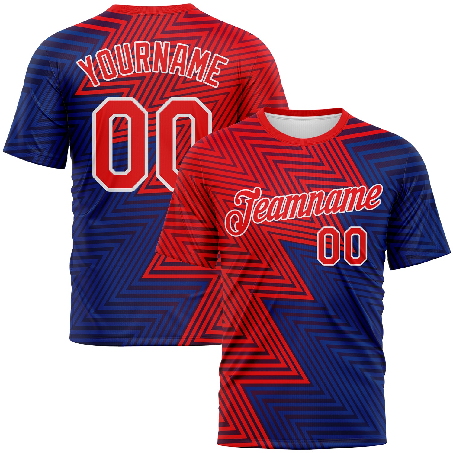 FansIdea Custom Fire Red Blue-White Zigzag Lineal Performance T-Shirt - $14.99 at Proof Eyewear