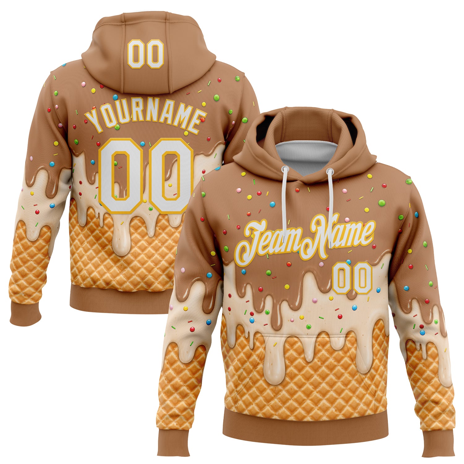 FansIdea Custom Stitched Tan White-Gold Ice Cream Waffle Foodie Dessert Pullover Sweatshirt Hoodie - $32.99 at Proof Eyewear