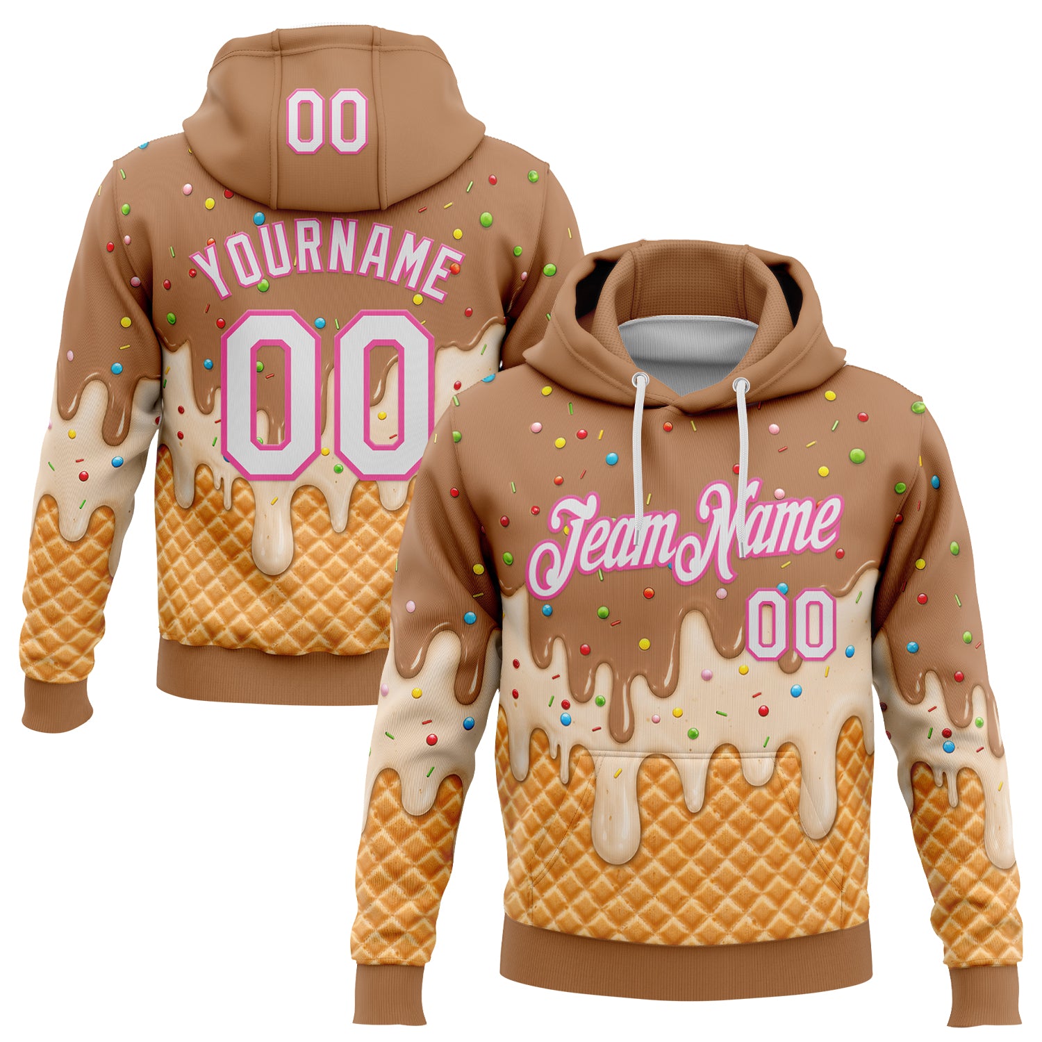 FansIdea Custom Stitched Tan White-Pink Ice Cream Waffle Foodie Dessert Pullover Sweatshirt Hoodie - $32.99 at Proof Eyewear