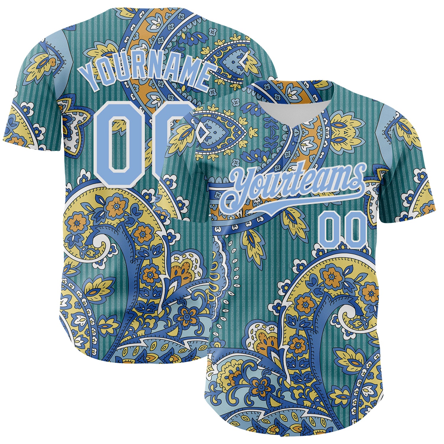 FansIdea Custom Teal Light Blue-White Rave Party Ethnic Paisley Bandana Authentic Baseball Jersey - $29.99 at Proof Eyewear