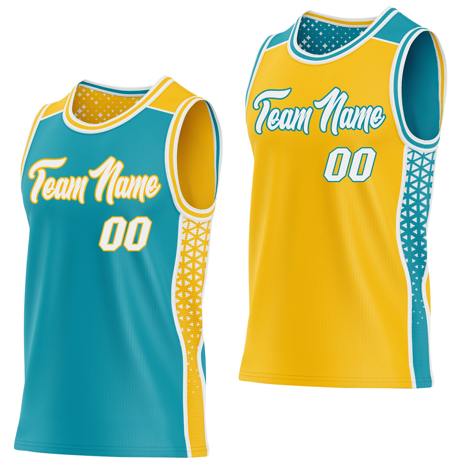 FansIdea Custom Teal White-Gold Side Panel Stripe Geometric Triangle Gradient Dot Reversible Double Side Sublimation Basketball Set Jersey - $17.99 at Proof Eyewear