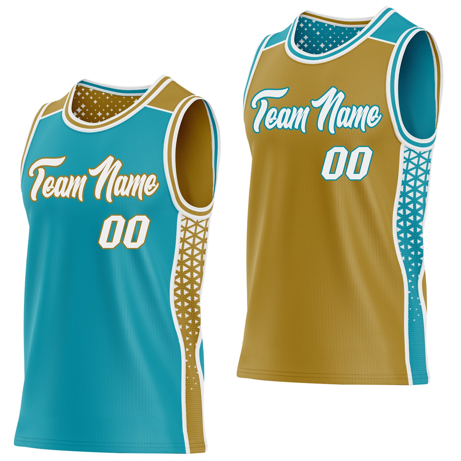 FansIdea Custom Teal White-Old Gold Side Panel Stripe Geometric Triangle Gradient Dot Reversible Double Side Sublimation Basketball Set Jersey - $17.99 at Proof Eyewear
