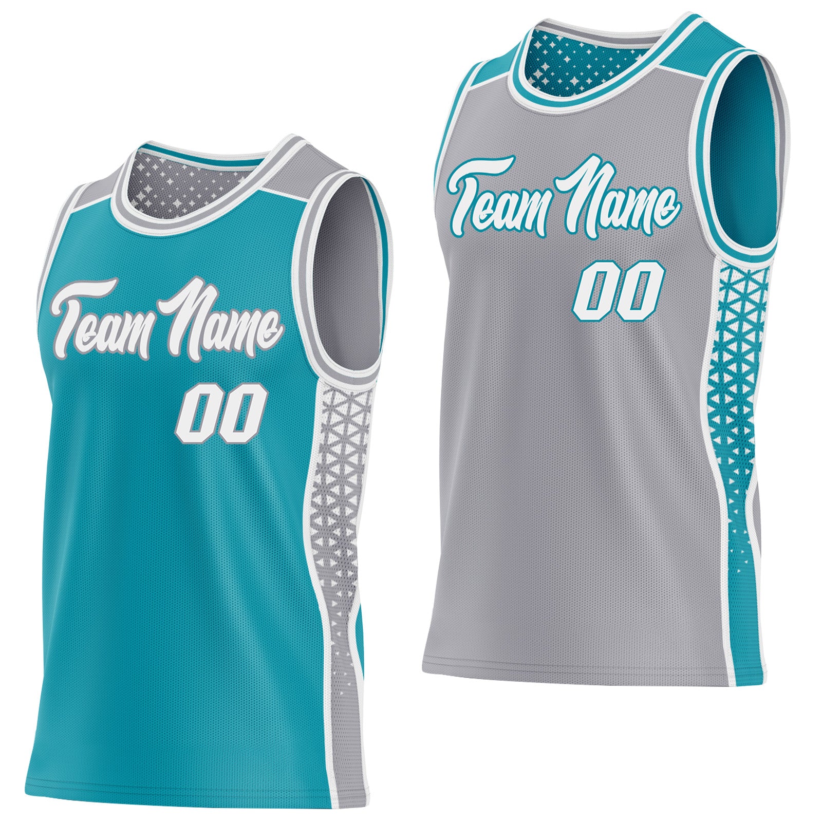 FansIdea Custom Teal White-Gray Side Panel Stripe Geometric Triangle Gradient Dot Reversible Double Side Sublimation Basketball Set Jersey - $17.99 at Proof Eyewear