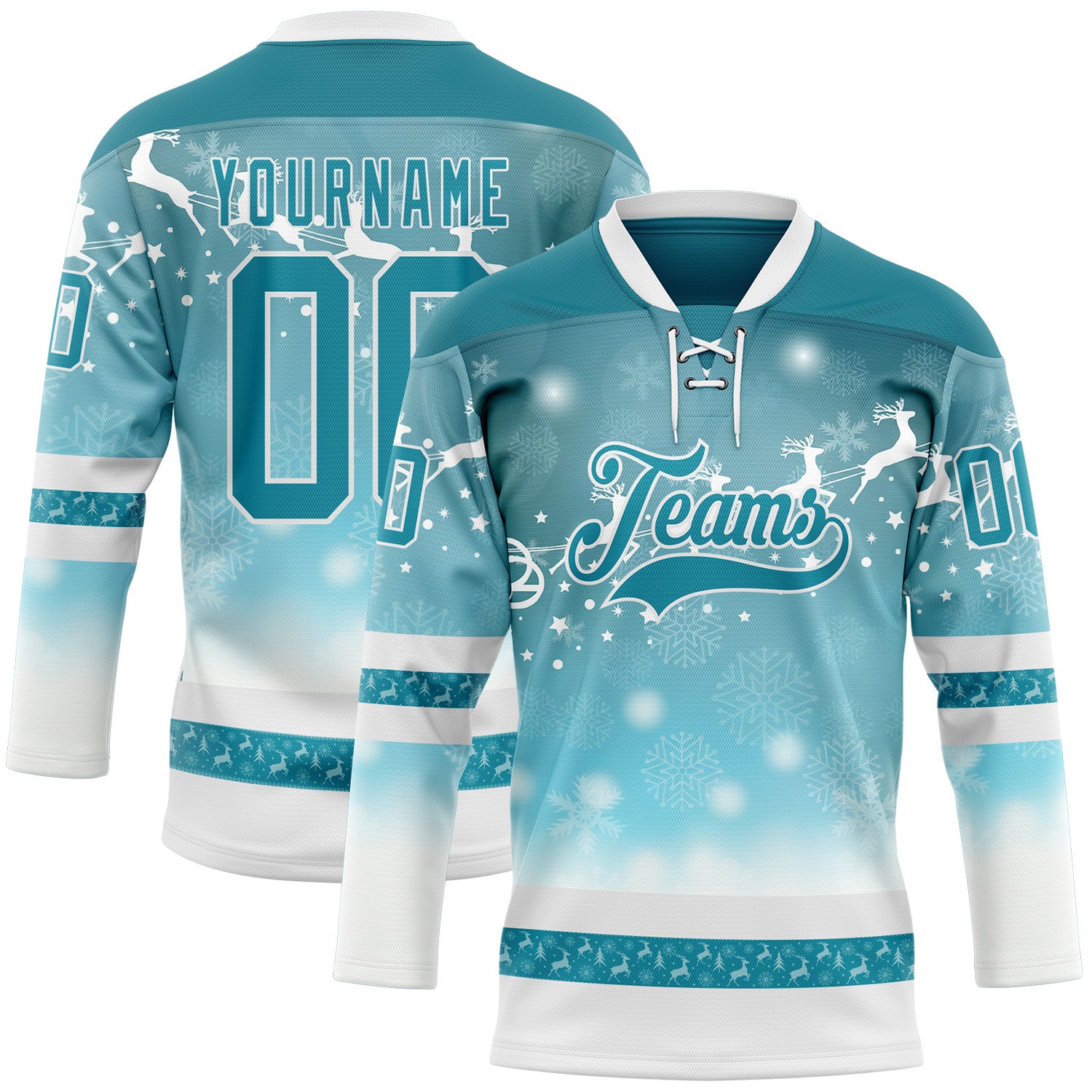 FansIdea Custom Teal Teal-White 3D Christmas Reindeer Hockey Lace Neck Jersey - $29.99 at Proof Eyewear