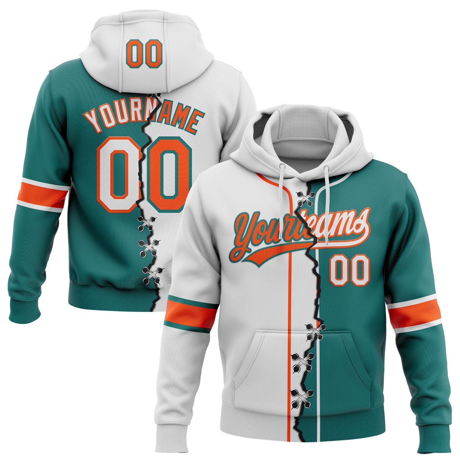 FansIdea Custom Teal White-Orange Split Ripped Pattern Baseball Pullover Sweatshirt Hoodie - $32.99 at Proof Eyewear