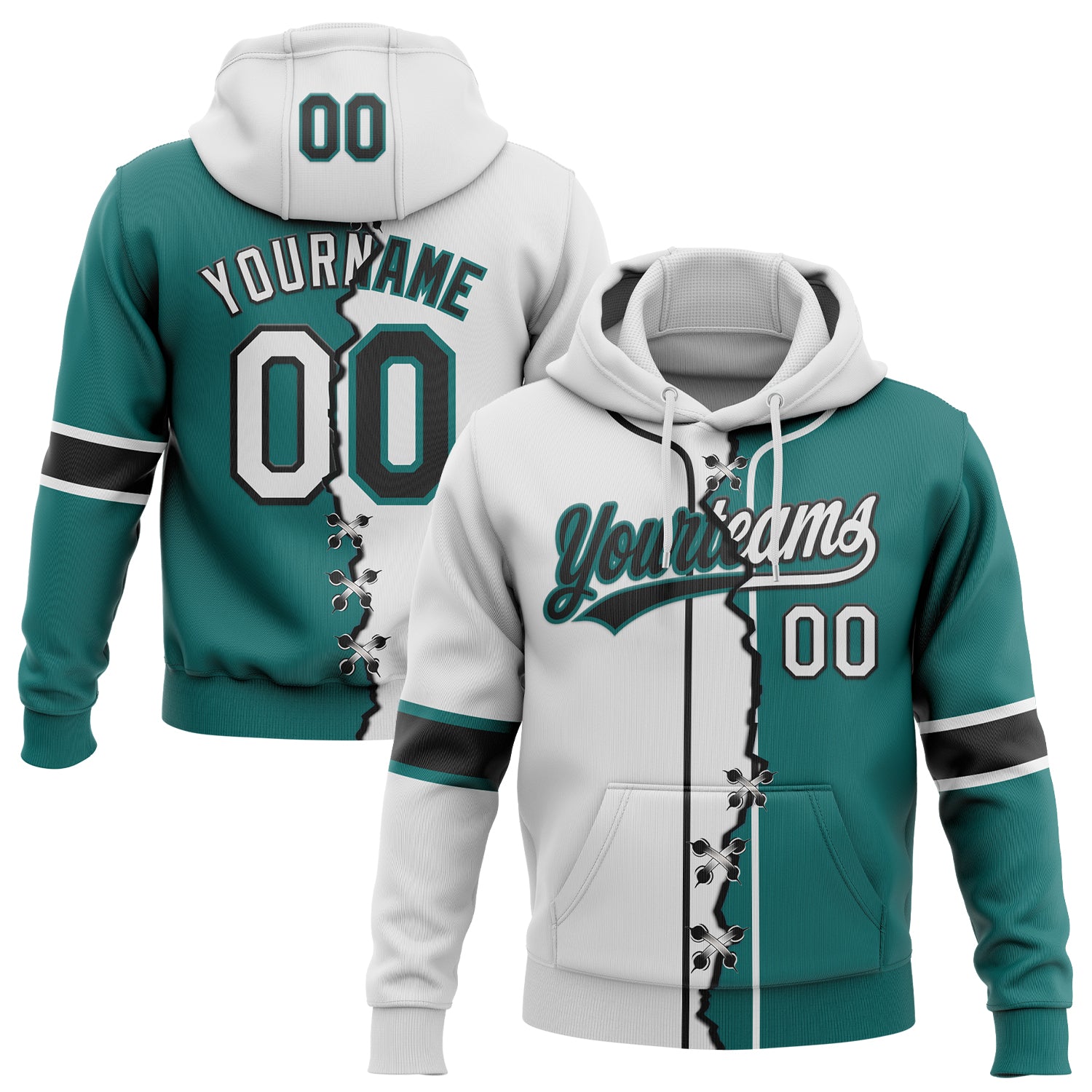 FansIdea Custom Teal White-Black Split Ripped Pattern Baseball Pullover Sweatshirt Hoodie - $32.99 at Proof Eyewear