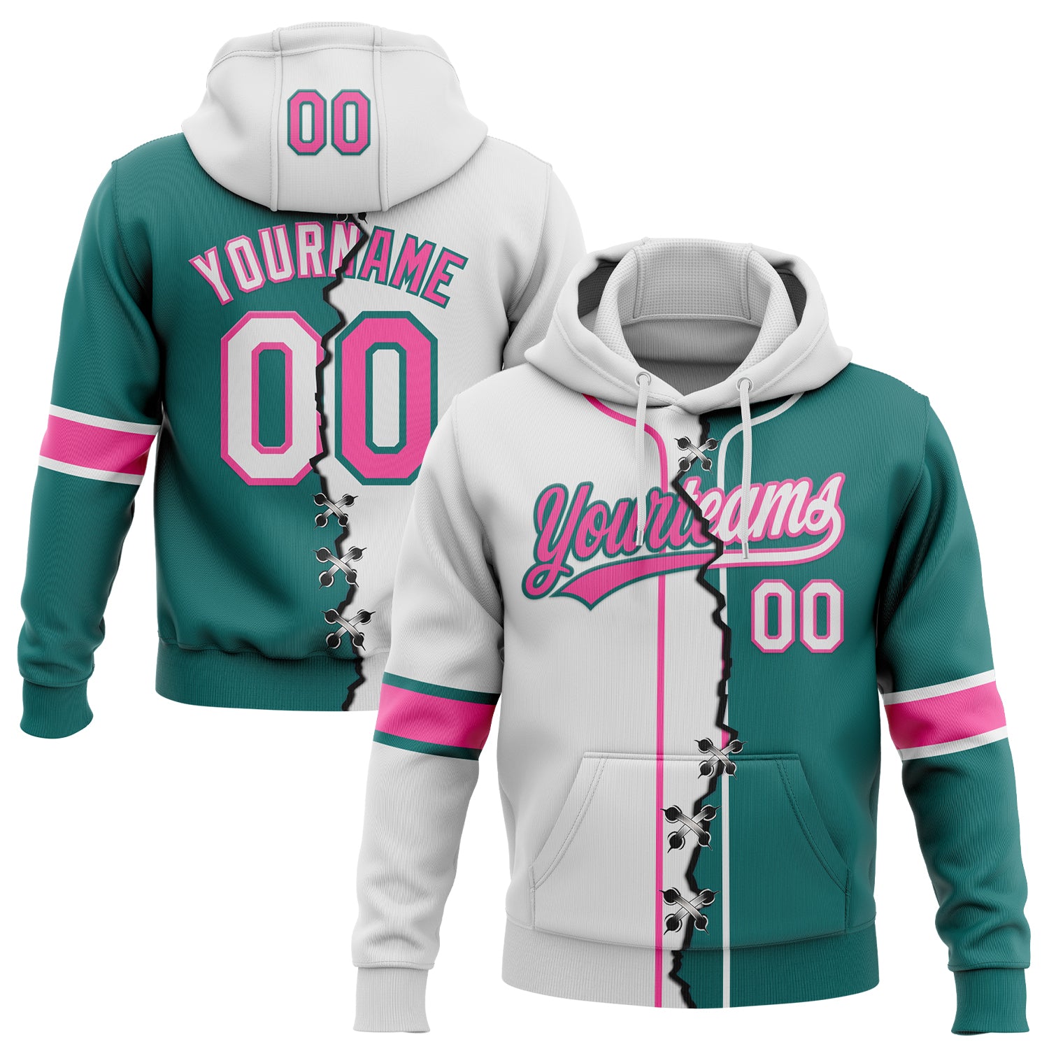FansIdea Custom Teal White-Pink Split Ripped Pattern Baseball Pullover Sweatshirt Hoodie - $32.99 at Proof Eyewear