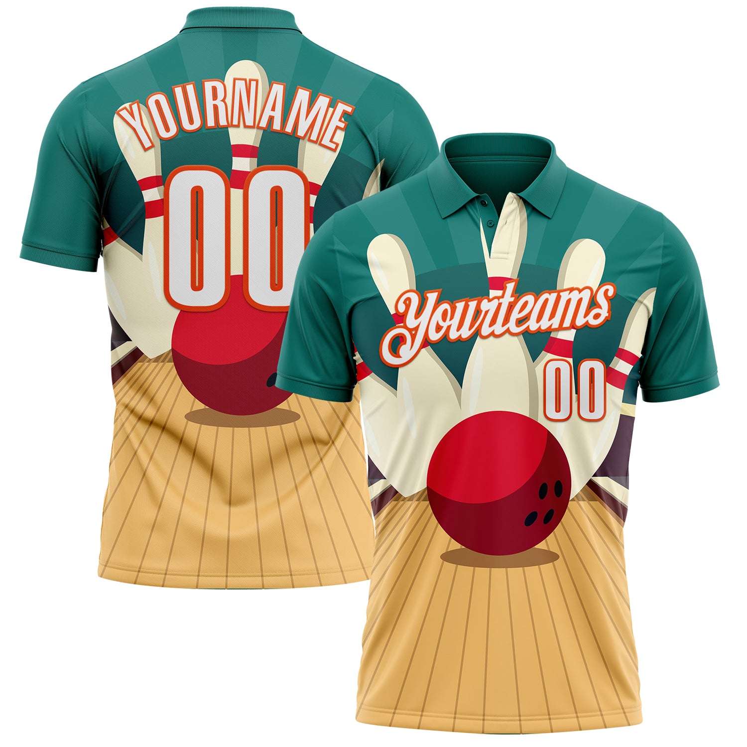 FansIdea Custom Teal White City Cream-Orange Bowling Ball And Pins Strike Performance Polo Shirt - $19.99 at Proof Eyewear