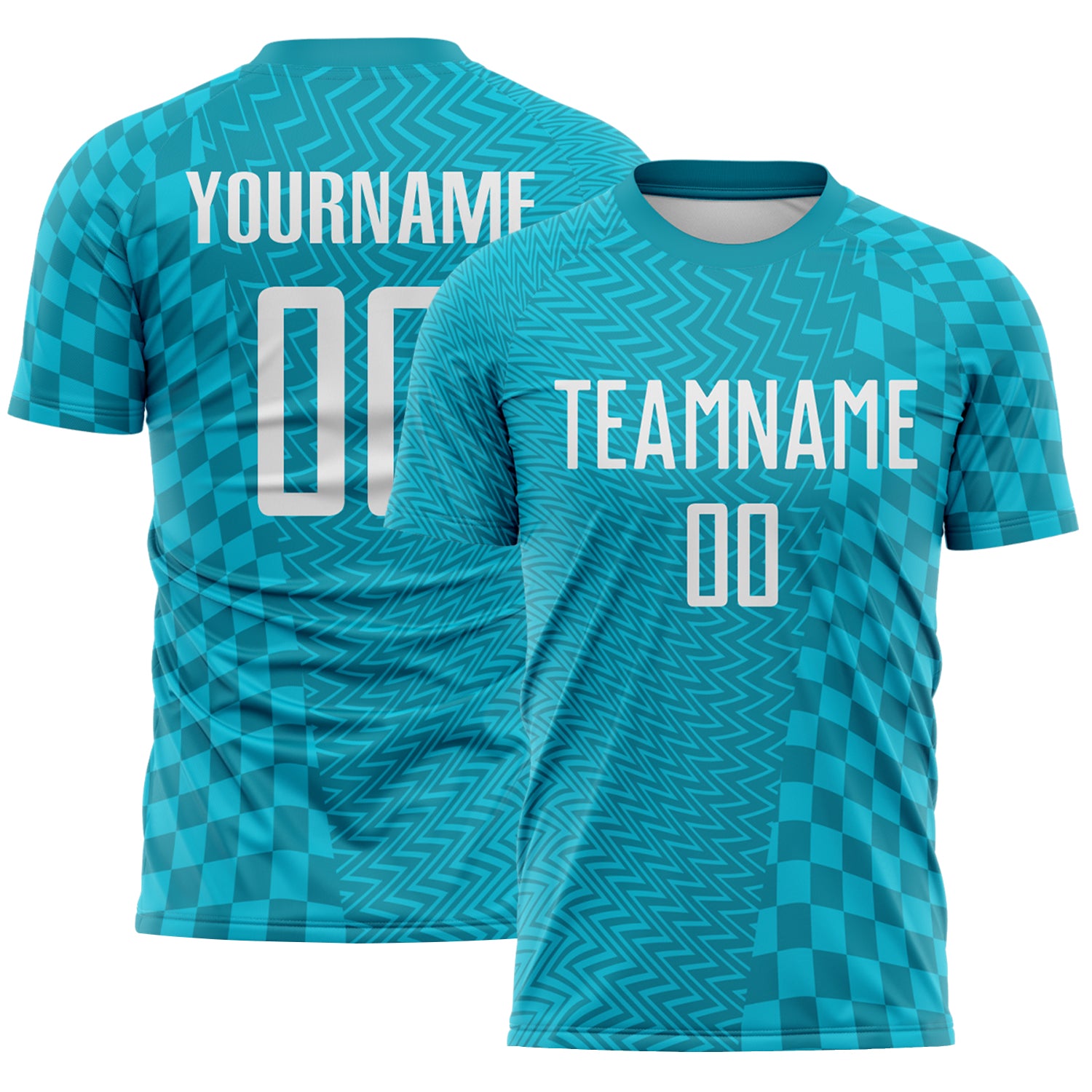 FansIdea Custom Teal White-Lakes Blue Geometric Patchwork Asymmetry Checkered Zigzag Lines Sublimation Soccer Uniform Jersey - $16.99 at Proof Eyewear