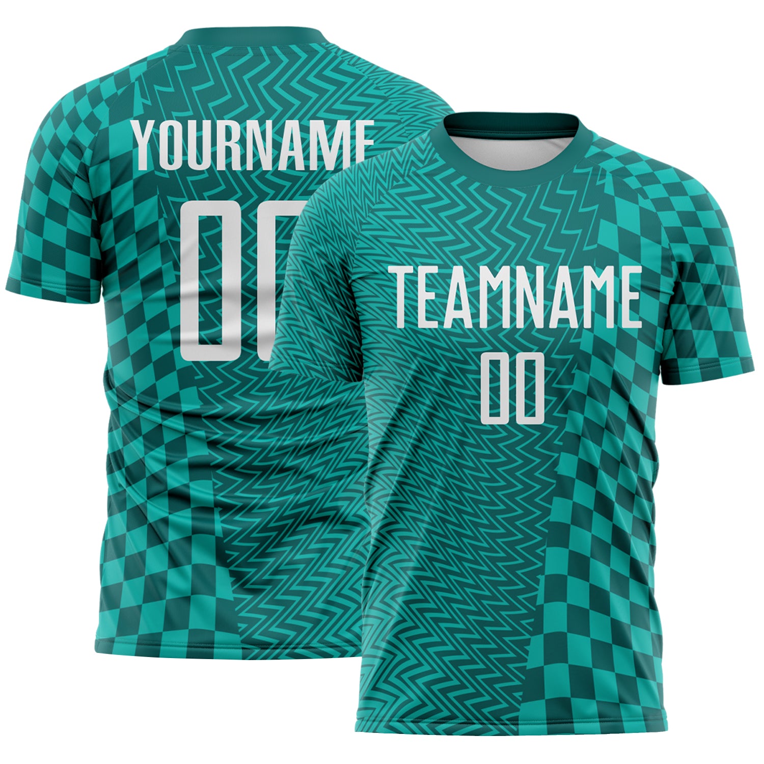 FansIdea Custom Teal White-Aqua Geometric Patchwork Asymmetry Checkered Zigzag Lines Sublimation Soccer Uniform Jersey - $16.99 at Proof Eyewear