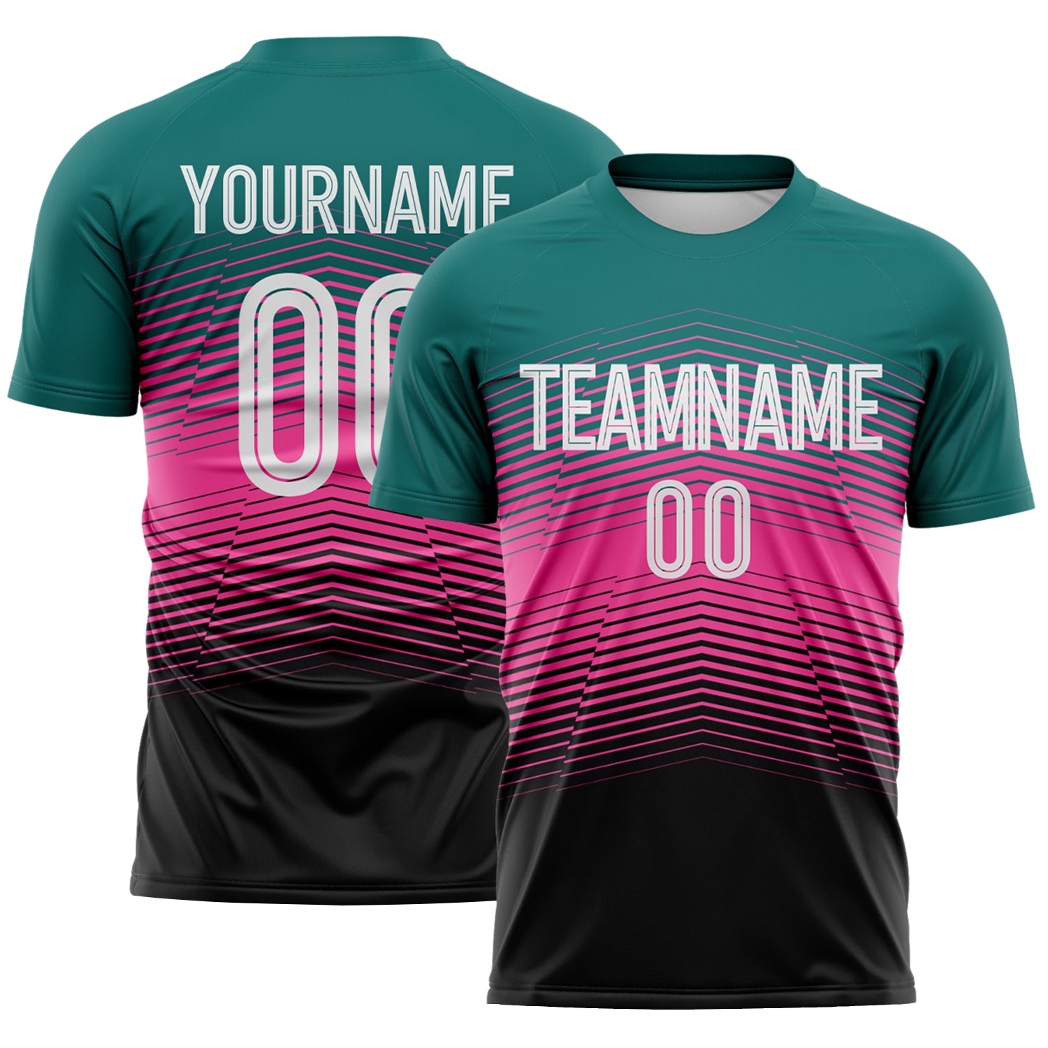 FansIdea Custom Teal White Pink-Black Gradient V Stripe Sublimation Soccer Uniform Jersey - $16.99 at Proof Eyewear