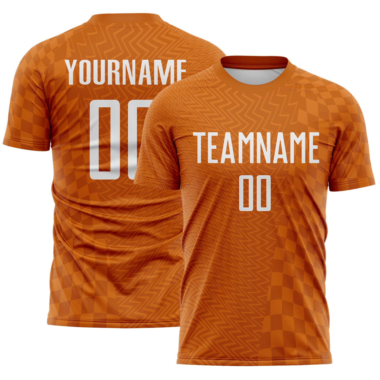 FansIdea Custom Texas Orange-White Geometric Patchwork Asymmetry Checkered Zigzag Lines Sublimation Soccer Uniform Jersey - $16.99 at Proof Eyewear