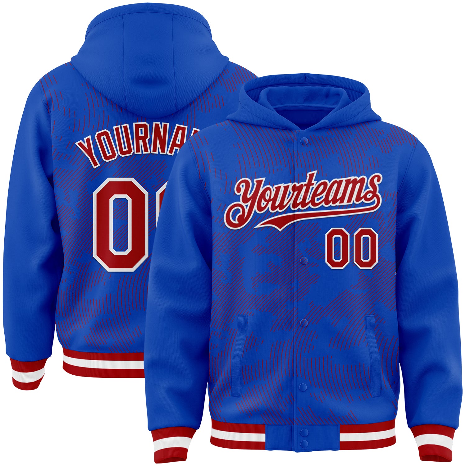 FansIdea Custom Thunder Blue Red-White Curve Lines Bomber Full-Snap Varsity Letterman Hoodie Jacket - $38.99 at Proof Eyewear