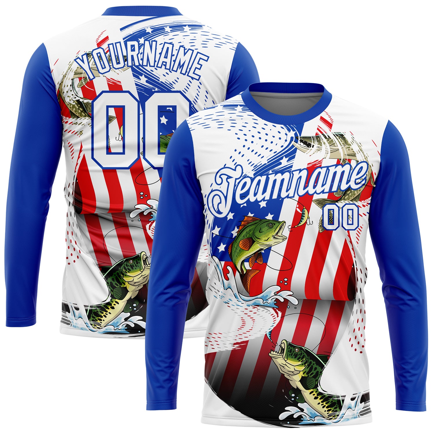 FansIdea Custom White Fire Red-Thunder Blue Fishing Bass Fish American Flag Long Sleeve Performance T-Shirt - $16.99 at Proof Eyewear