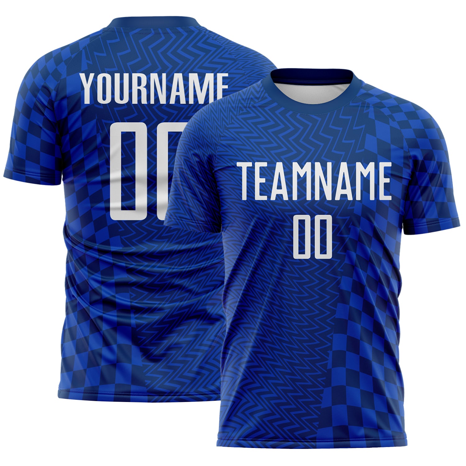 FansIdea Custom US Navy Blue-White Geometric Patchwork Asymmetry Checkered Zigzag Lines Sublimation Soccer Uniform Jersey - $16.99 at Proof Eyewear