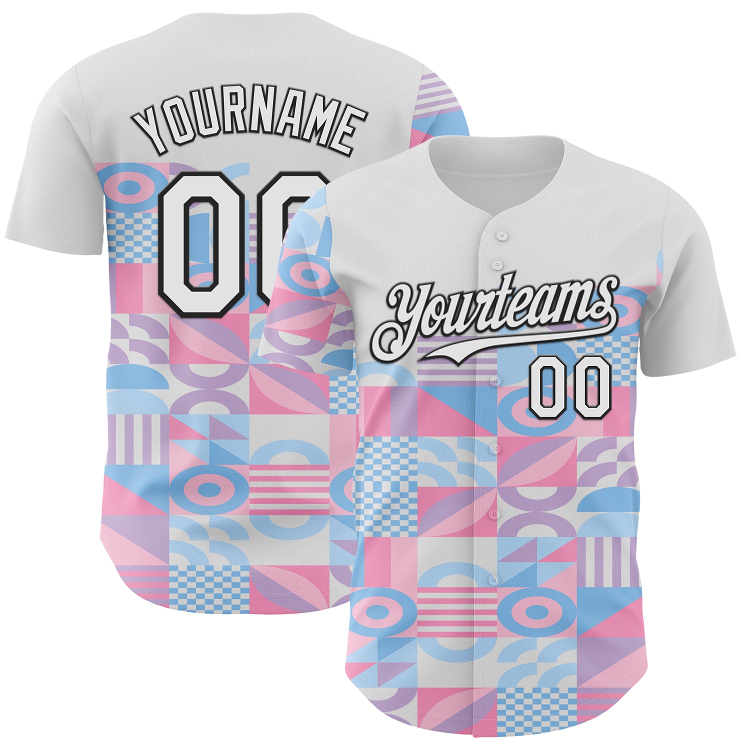 FansIdea Custom White Pink Blue-Black Geometric Patchwork Asymmetry Authentic Baseball Jersey - $29.99 at Proof Eyewear