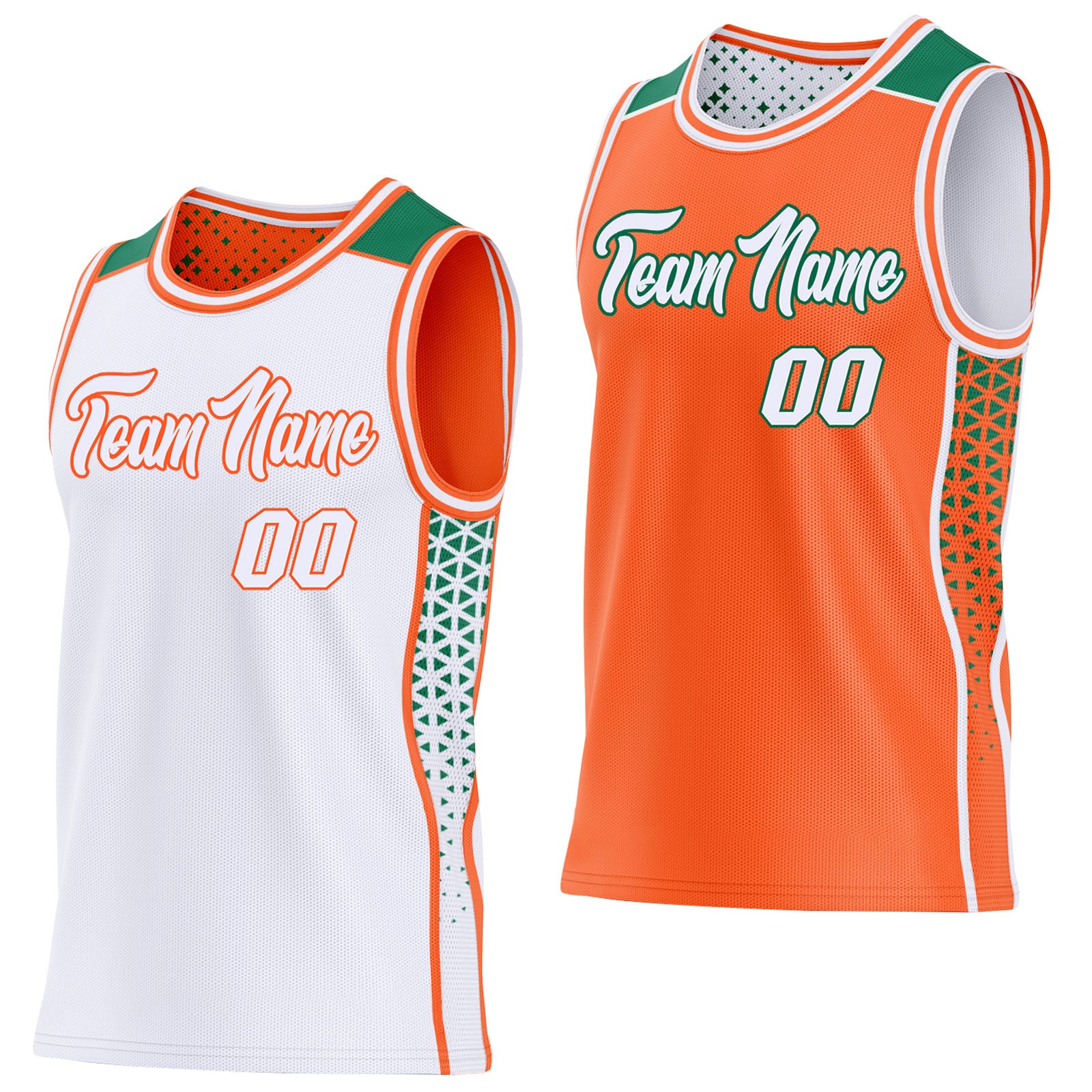 FansIdea Custom White Orange-Kelly Green Side Panel Stripe Geometric Triangle Gradient Dot Reversible Double Side Sublimation Basketball Set Jersey - $17.99 at Proof Eyewear